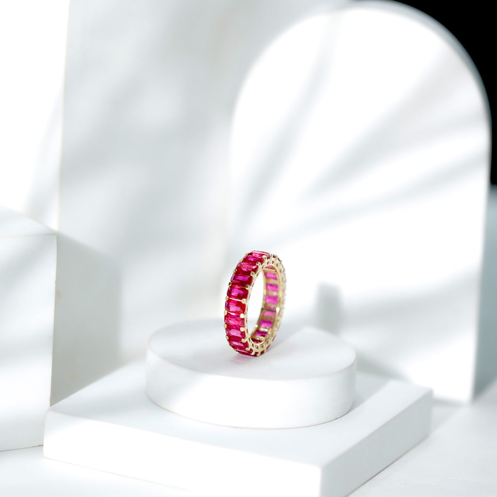 Lab Grown Ruby Ring – Emerald Cut Full Eternity Wide Band With Shared Prong Setting