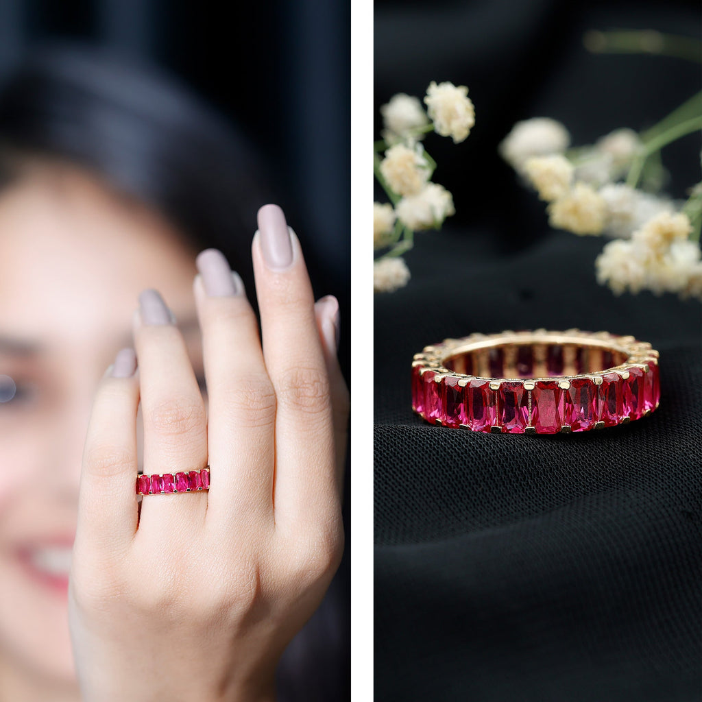 Lab Grown Ruby Ring – Emerald Cut Full Eternity Wide Band With Shared Prong Setting