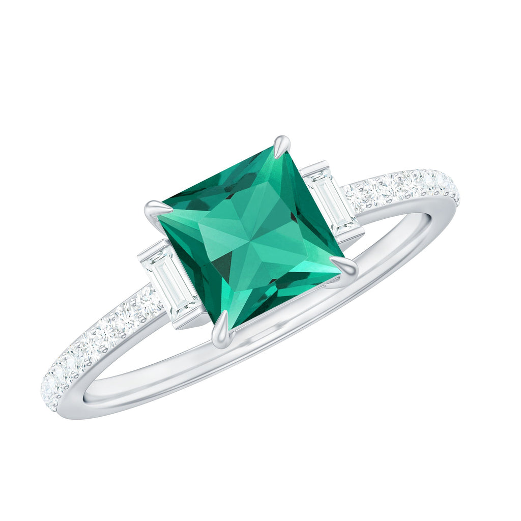 Lab Grown Emerald Ring – Three Stone Engagement with Princess Cut & Moissanite Side Stones