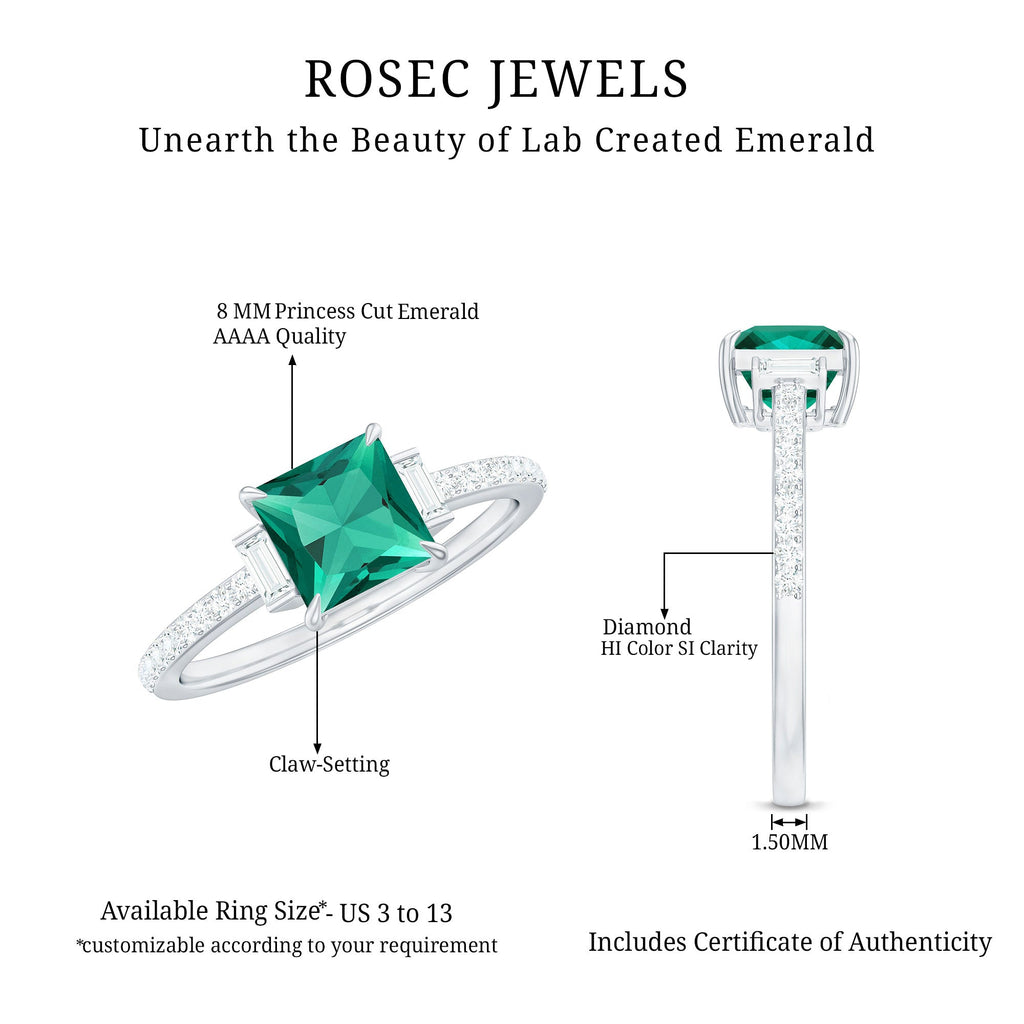 Lab Grown Emerald Ring – Three Stone Engagement with Princess Cut & Moissanite Side Stones