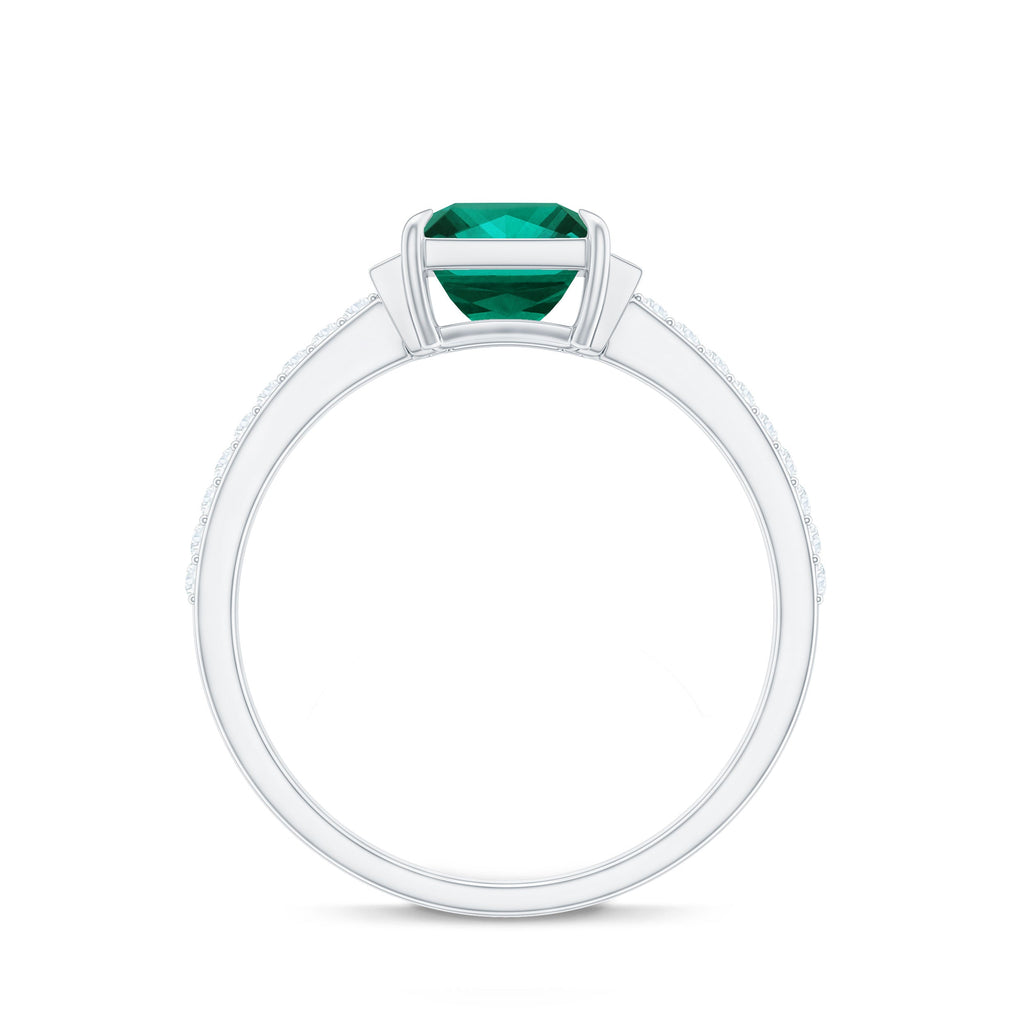 Lab Grown Emerald Ring – Three Stone Engagement with Princess Cut & Moissanite Side Stones