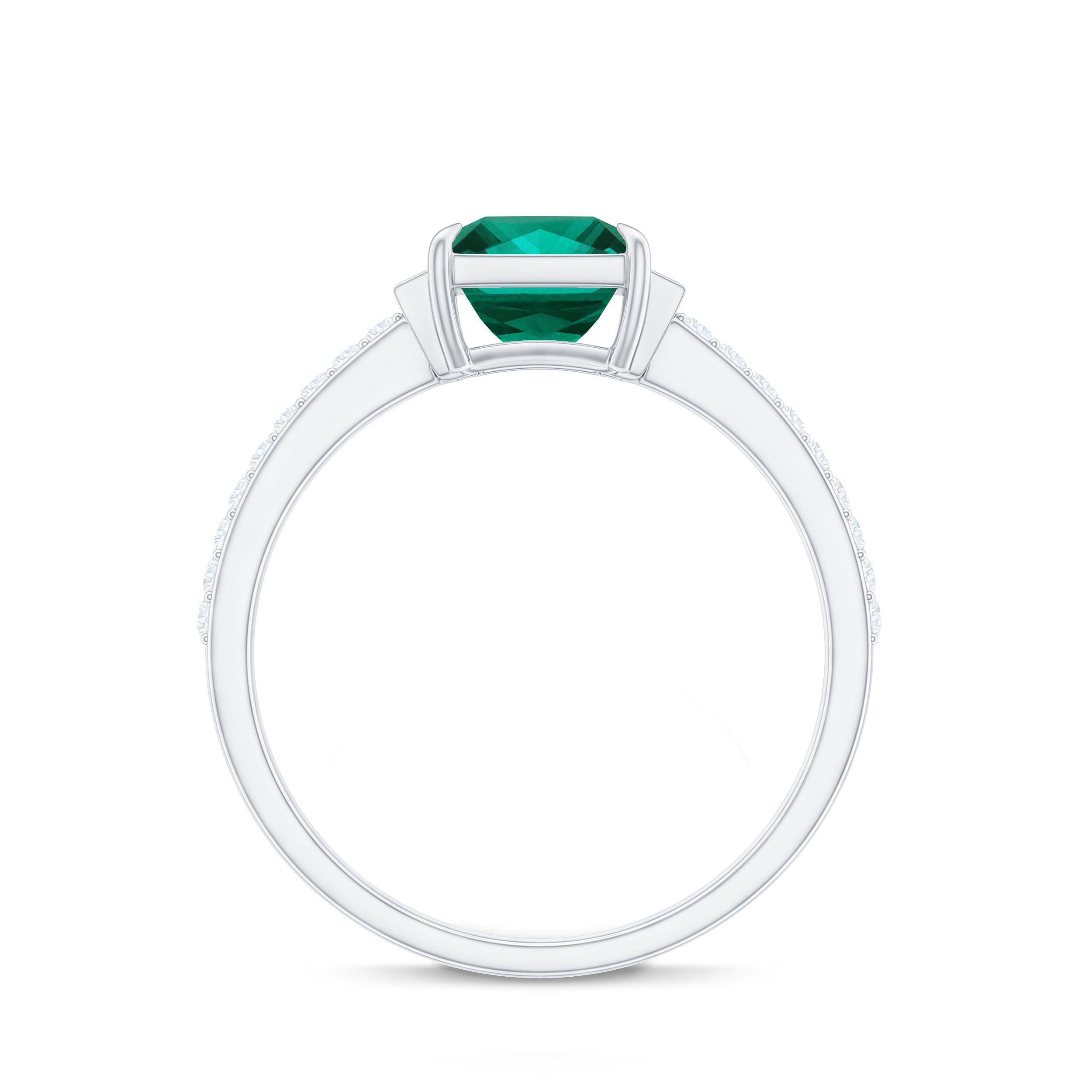 Lab Grown Emerald Ring – Three Stone Engagement with Princess Cut & Moissanite Side Stones