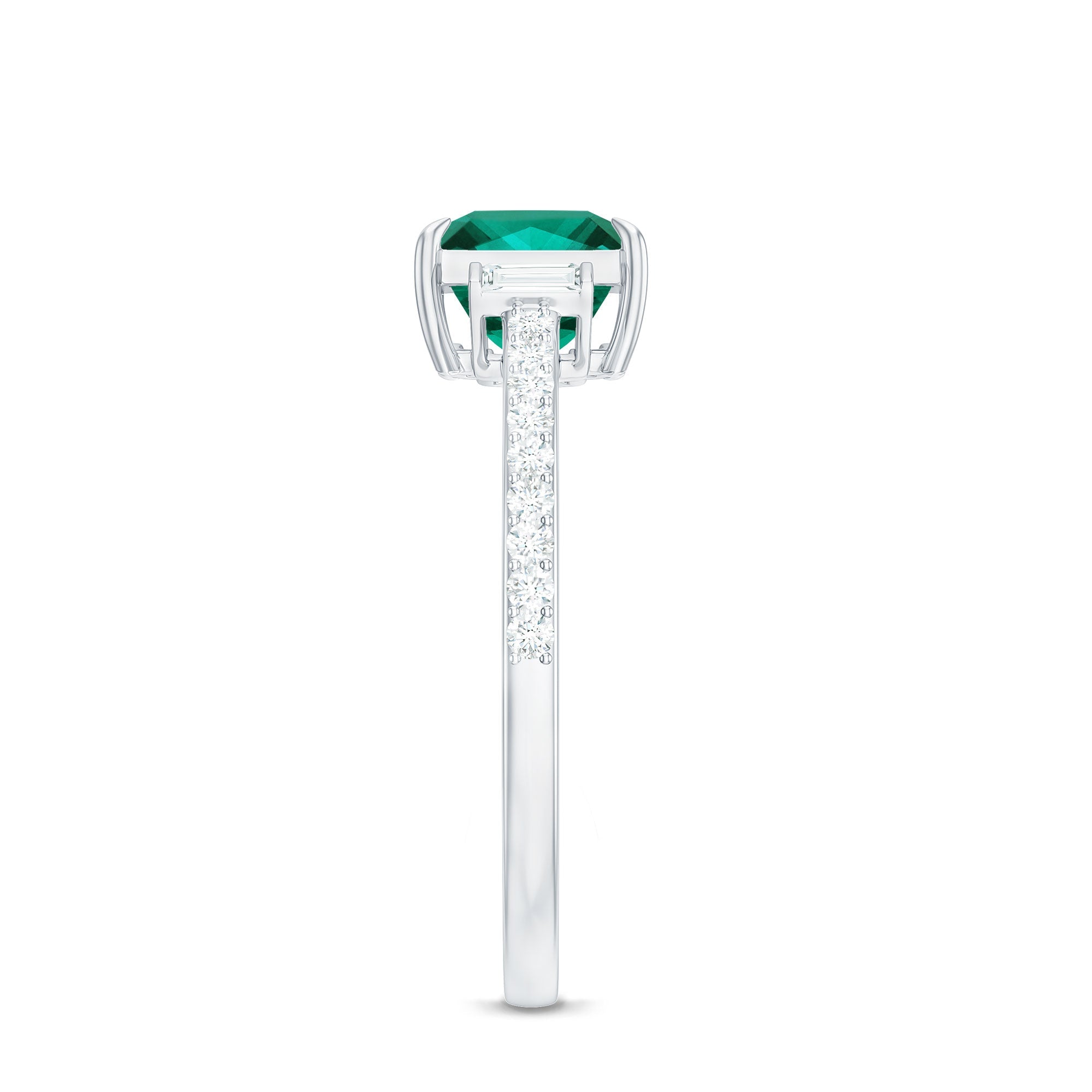 Lab Grown Emerald Ring – Three Stone Engagement with Princess Cut & Moissanite Side Stones