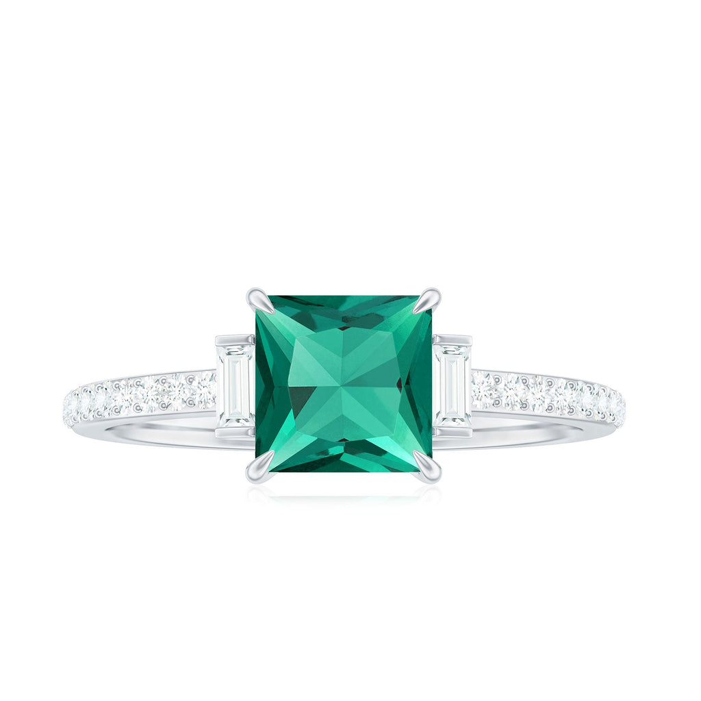 Lab Grown Emerald Ring – Three Stone Engagement with Princess Cut & Moissanite Side Stones