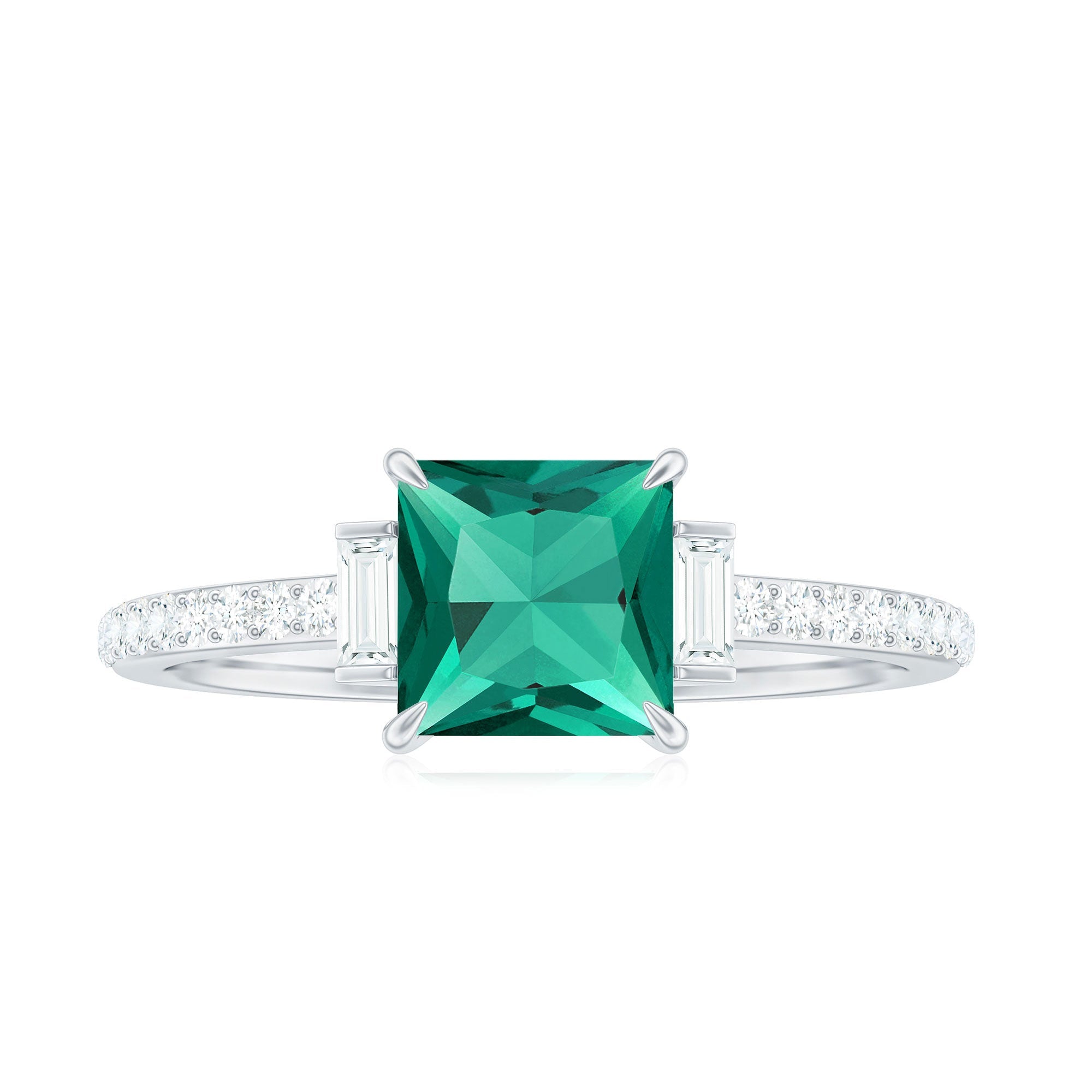 Lab Grown Emerald Ring – Three Stone Engagement with Princess Cut & Moissanite Side Stones