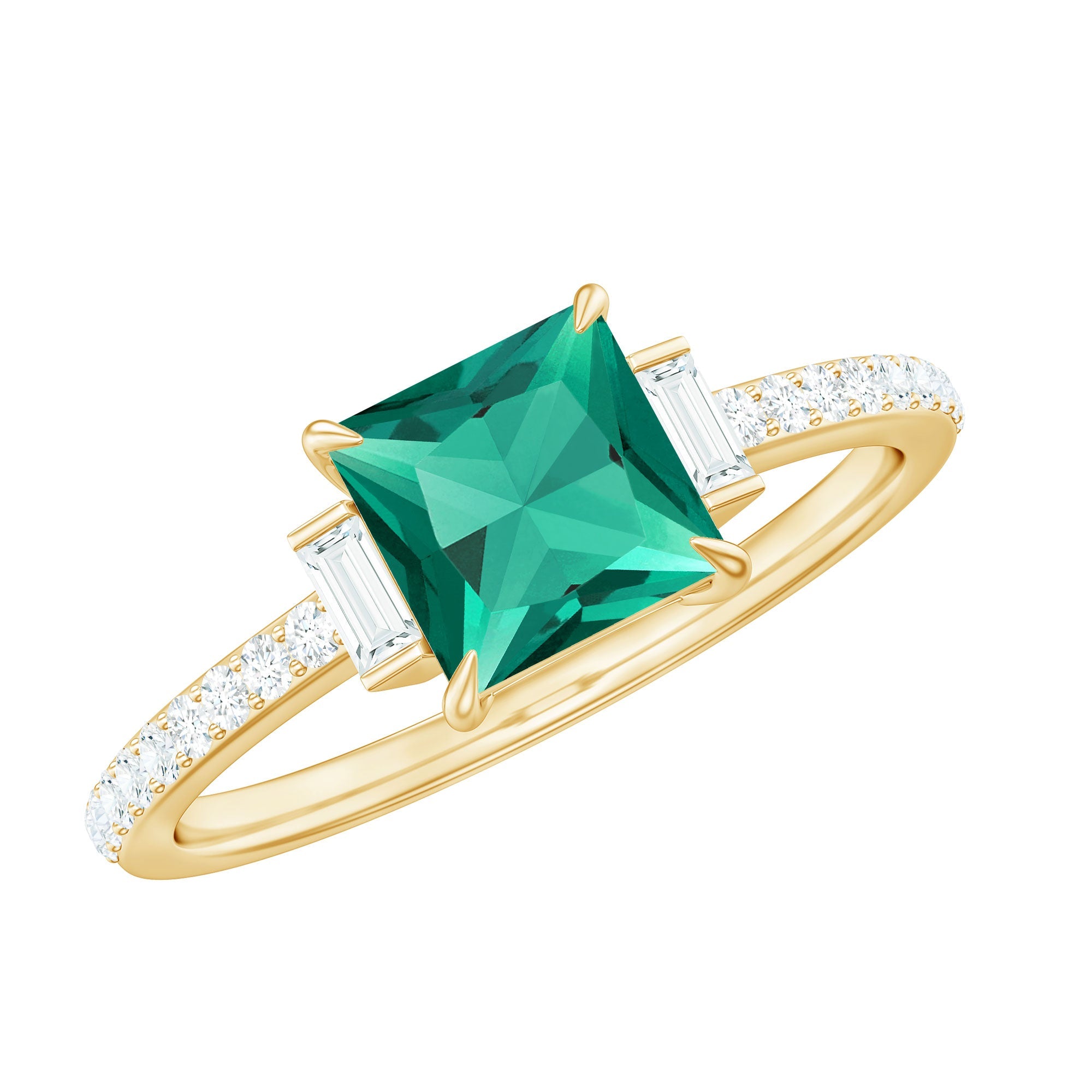 Lab Grown Emerald Ring – Three Stone Engagement with Princess Cut & Moissanite Side Stones