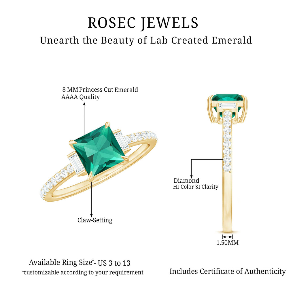 Lab Grown Emerald Ring – Three Stone Engagement with Princess Cut & Moissanite Side Stones