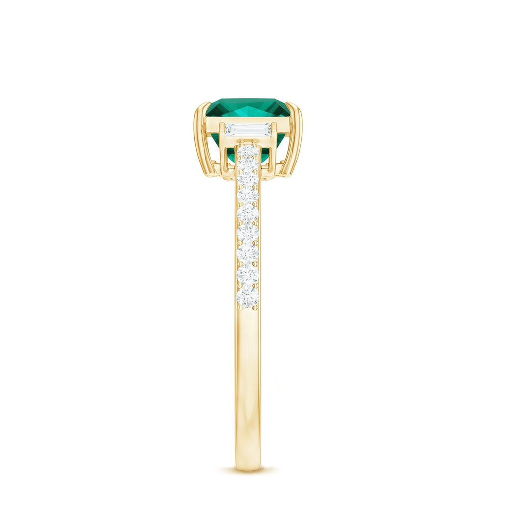 Lab Grown Emerald Ring – Three Stone Engagement with Princess Cut & Moissanite Side Stones