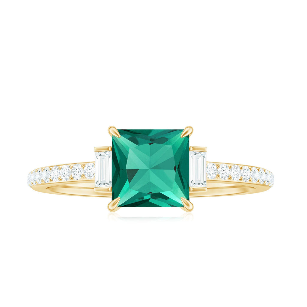 Lab Grown Emerald Ring – Three Stone Engagement with Princess Cut & Moissanite Side Stones