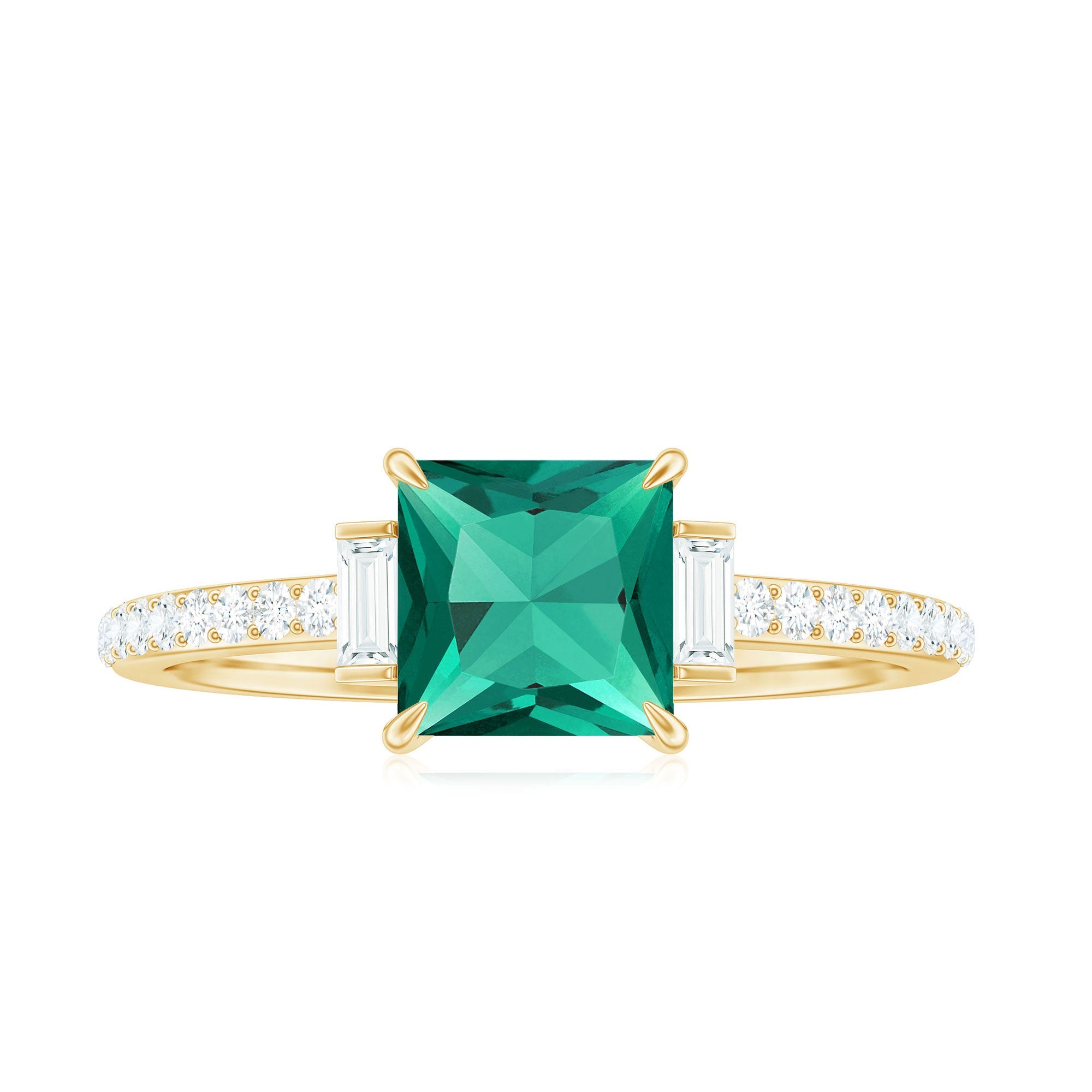 Lab Grown Emerald Ring – Three Stone Engagement with Princess Cut & Moissanite Side Stones