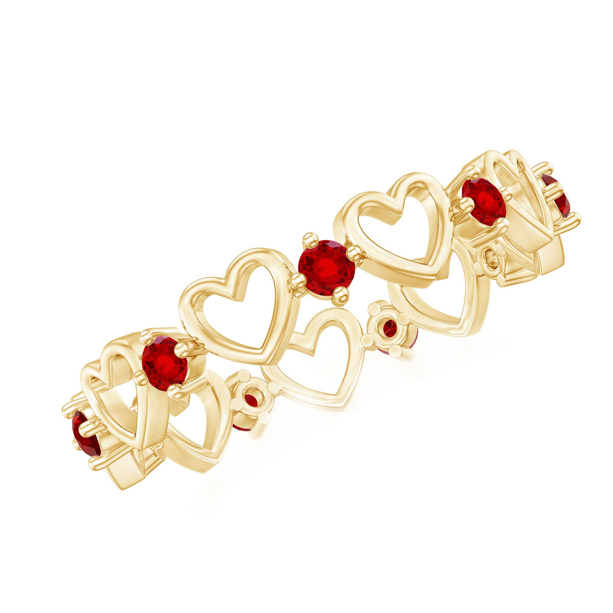 Certified lab created ruby heart eternity band ring in yellow gold with round rubies