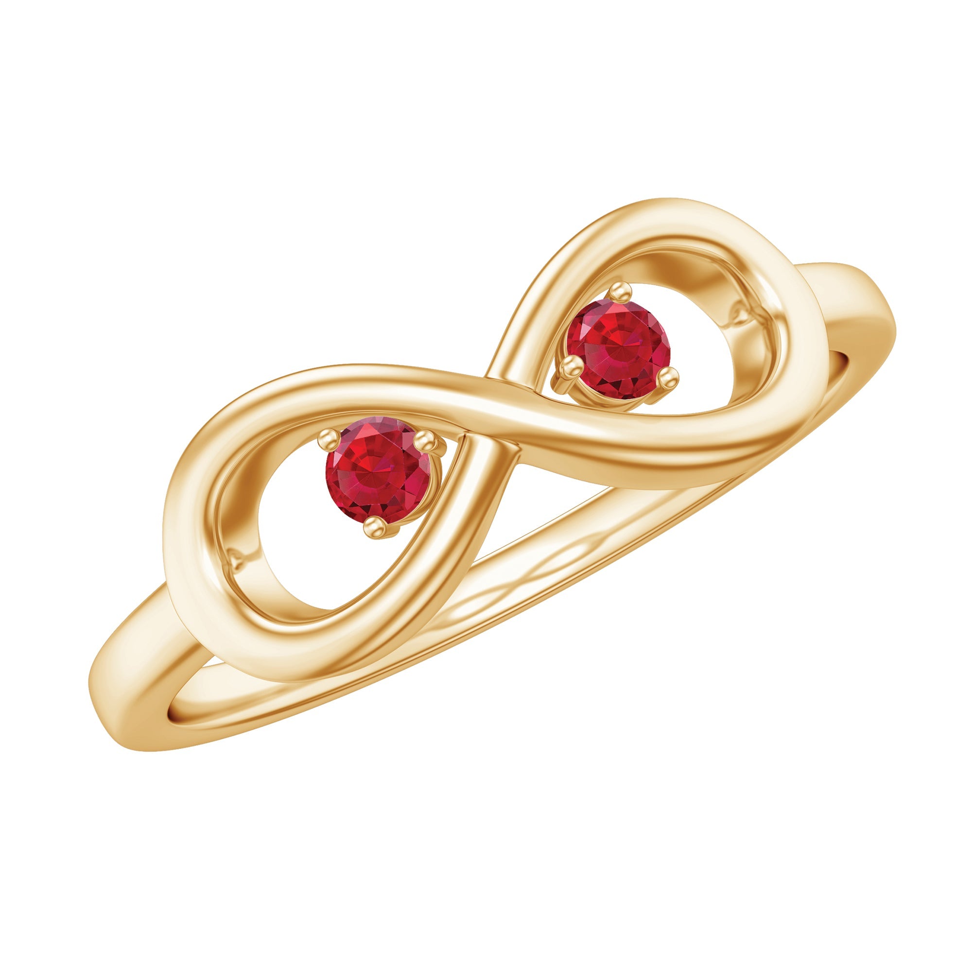 Lab created ruby infinity promise ring with two round red stones set in gold
