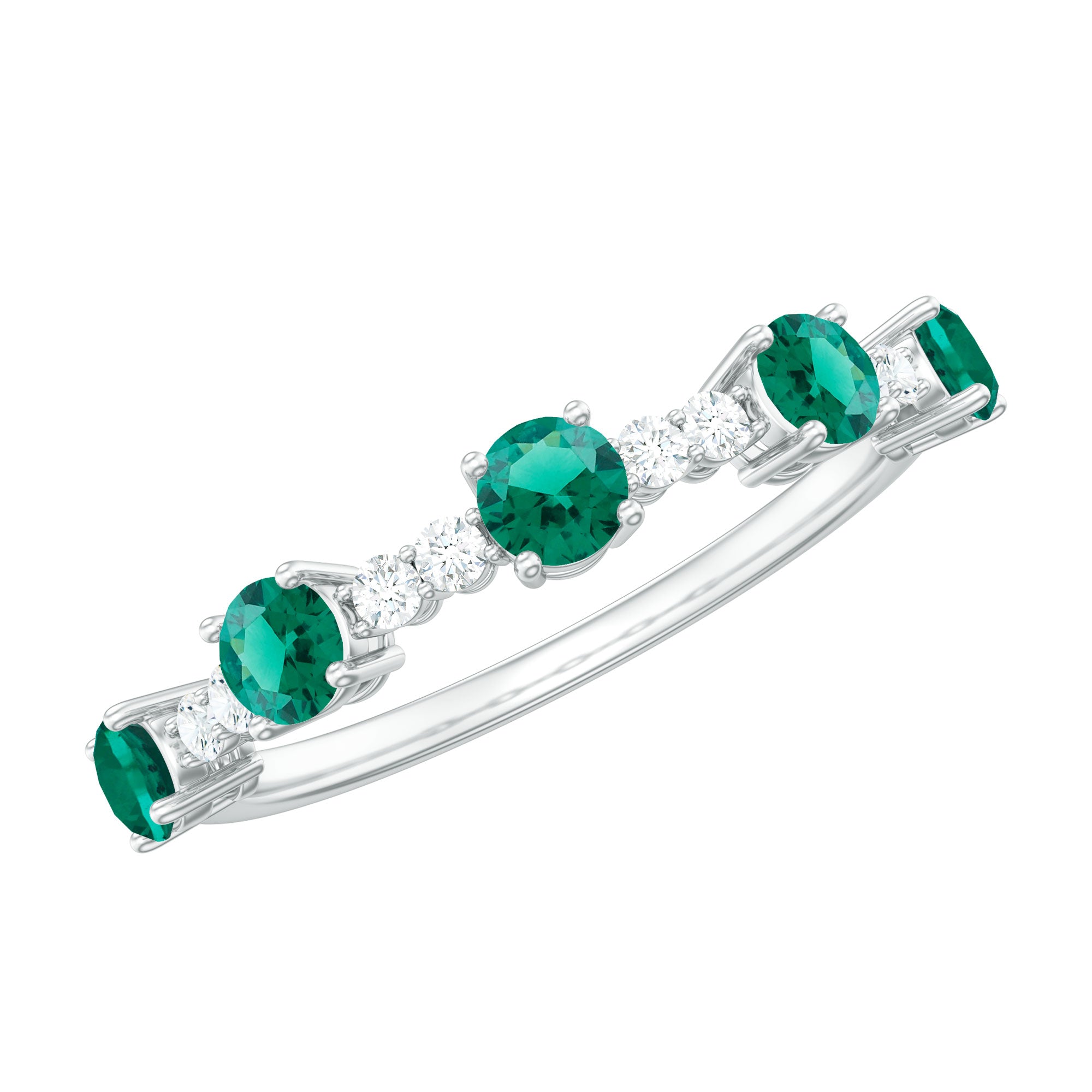 Lab Grown Emerald Ring - Half Eternity Anniversary Band With Diamonds & Prong Setting