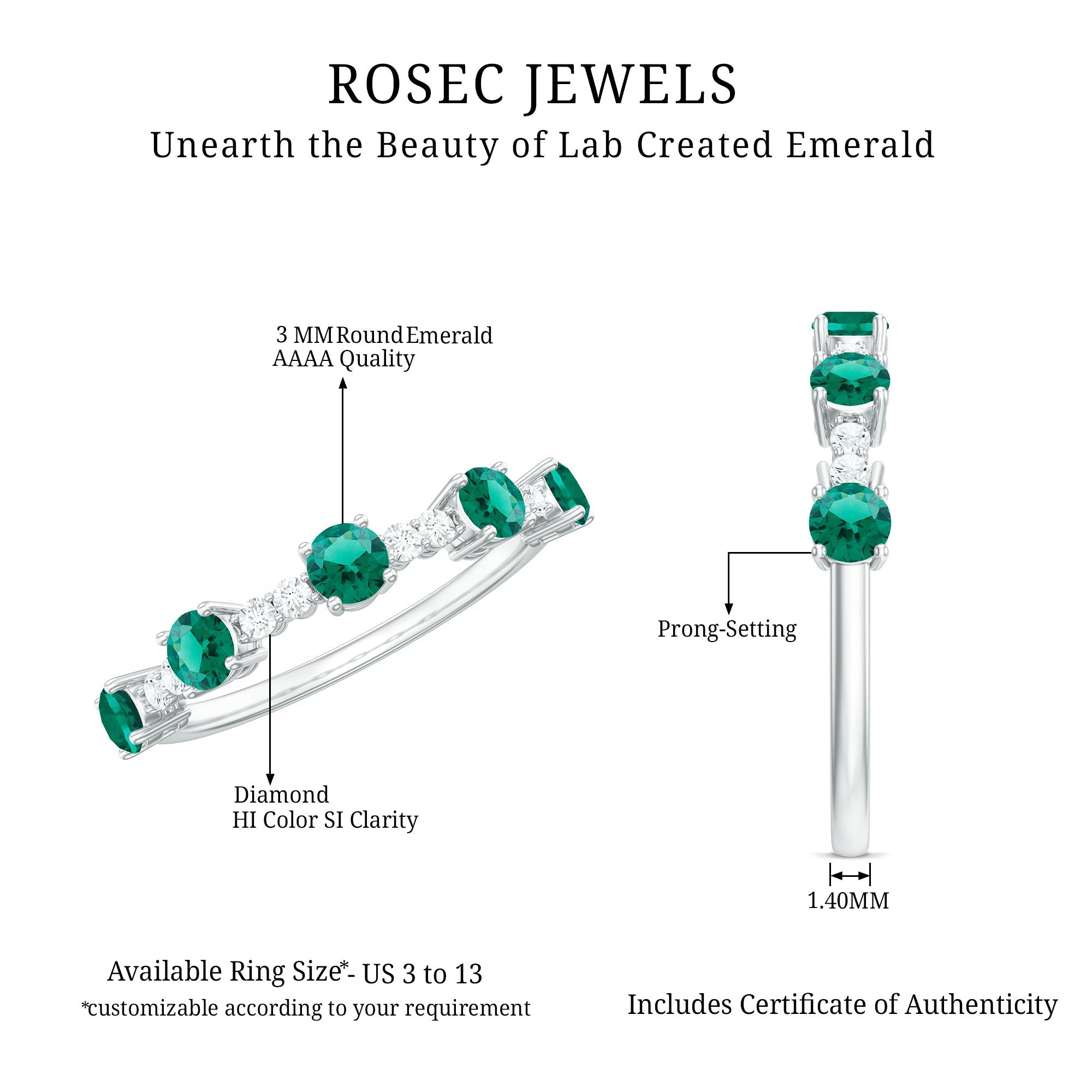 Lab Grown Emerald Ring - Half Eternity Anniversary Band With Diamonds & Prong Setting
