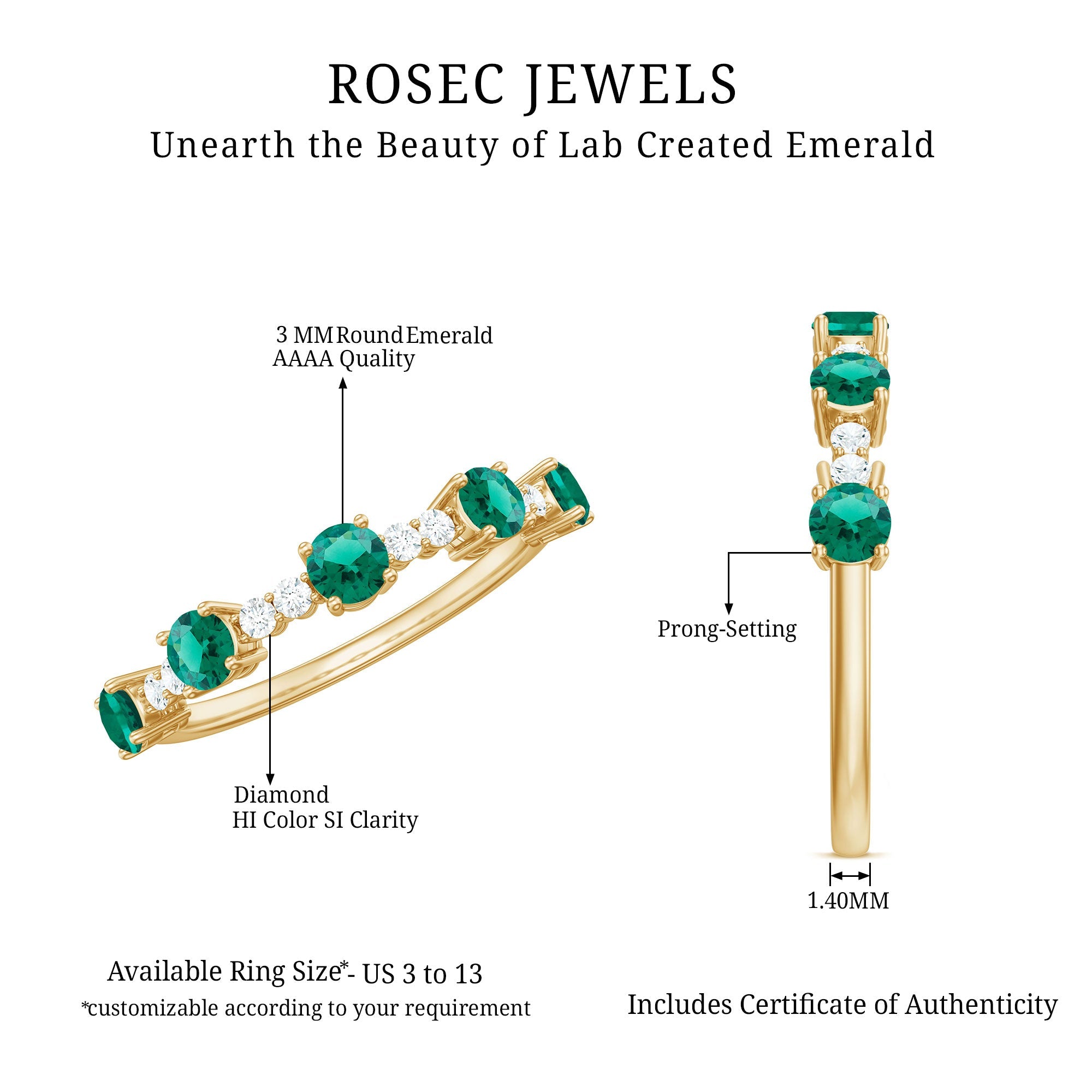 Lab Grown Emerald Ring - Half Eternity Anniversary Band With Diamonds & Prong Setting