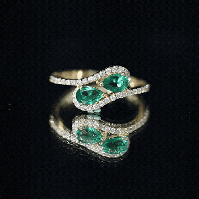 Pear Shape Engagement Ring – Created Emerald Ring with Diamond Bypass Design Band