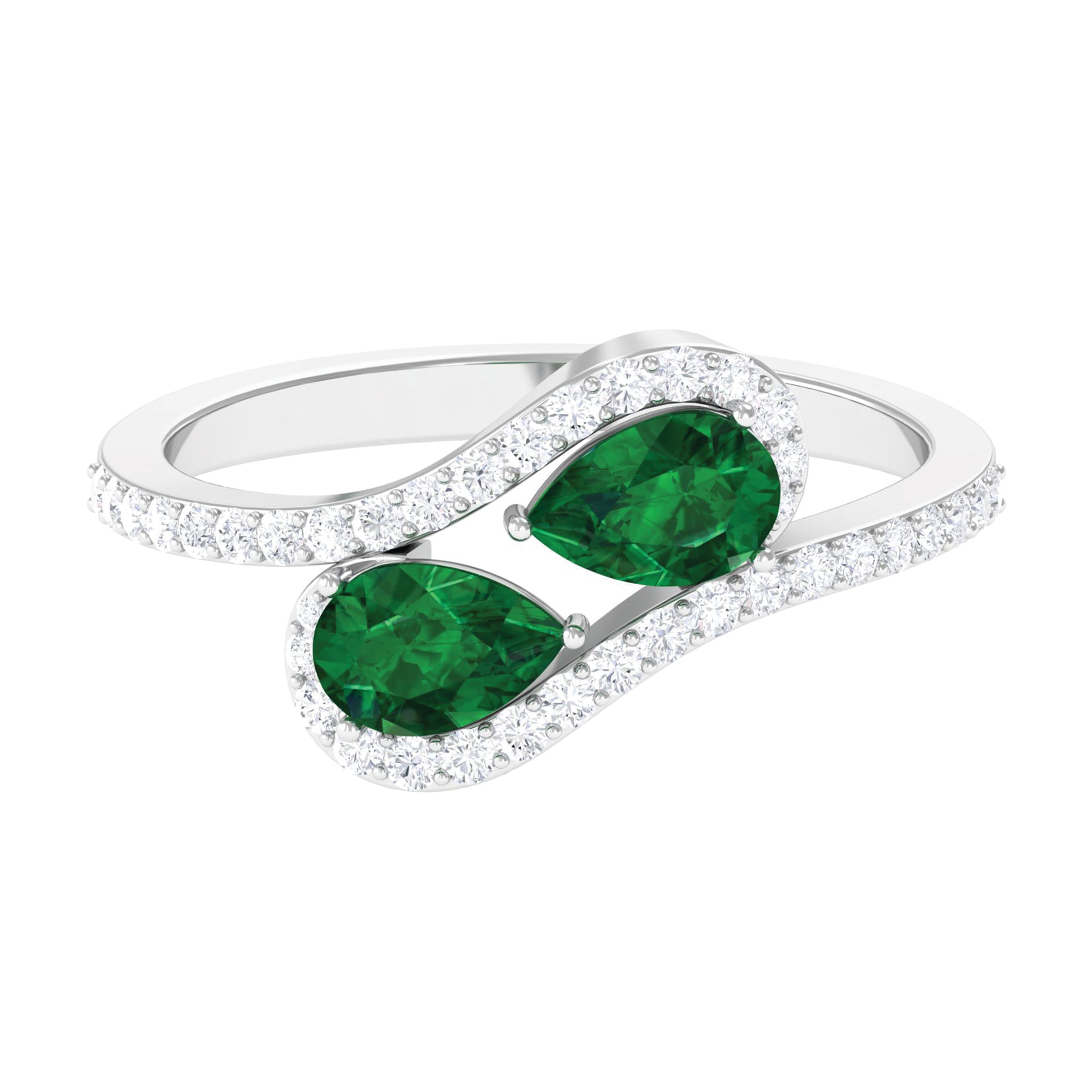 Pear Shape Engagement Ring – Created Emerald Ring with Diamond Bypass Design Band