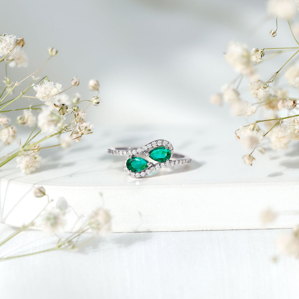 Pear Shape Engagement Ring – Created Emerald Ring with Diamond Bypass Design Band