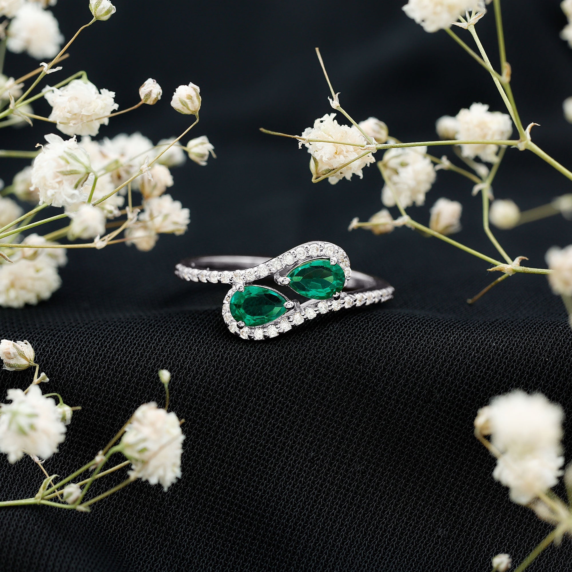 Pear Shape Engagement Ring – Created Emerald Ring with Diamond Bypass Design Band
