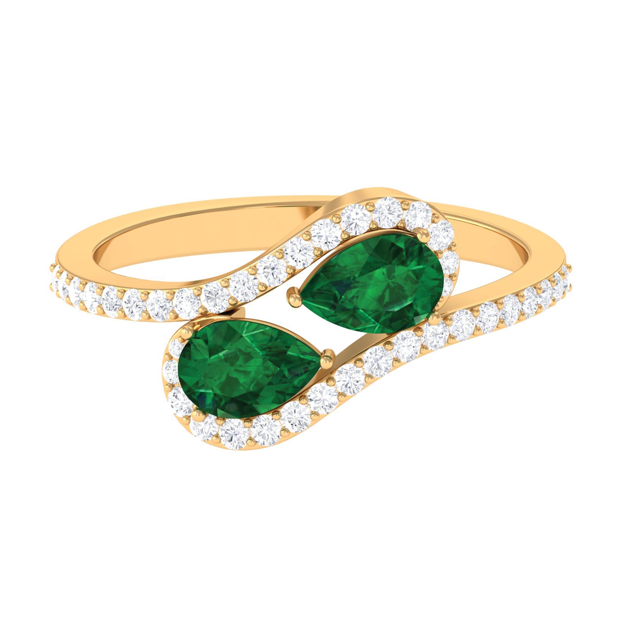 Pear Shape Engagement Ring – Created Emerald Ring with Diamond Bypass Design Band