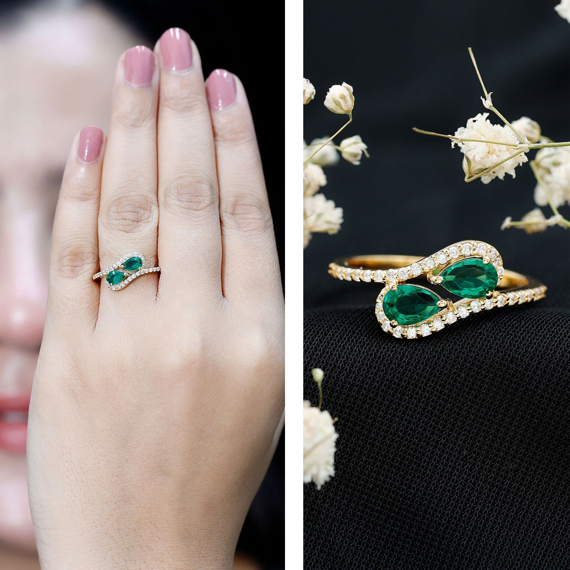 Pear Shape Engagement Ring – Created Emerald Ring with Diamond Bypass Design Band
