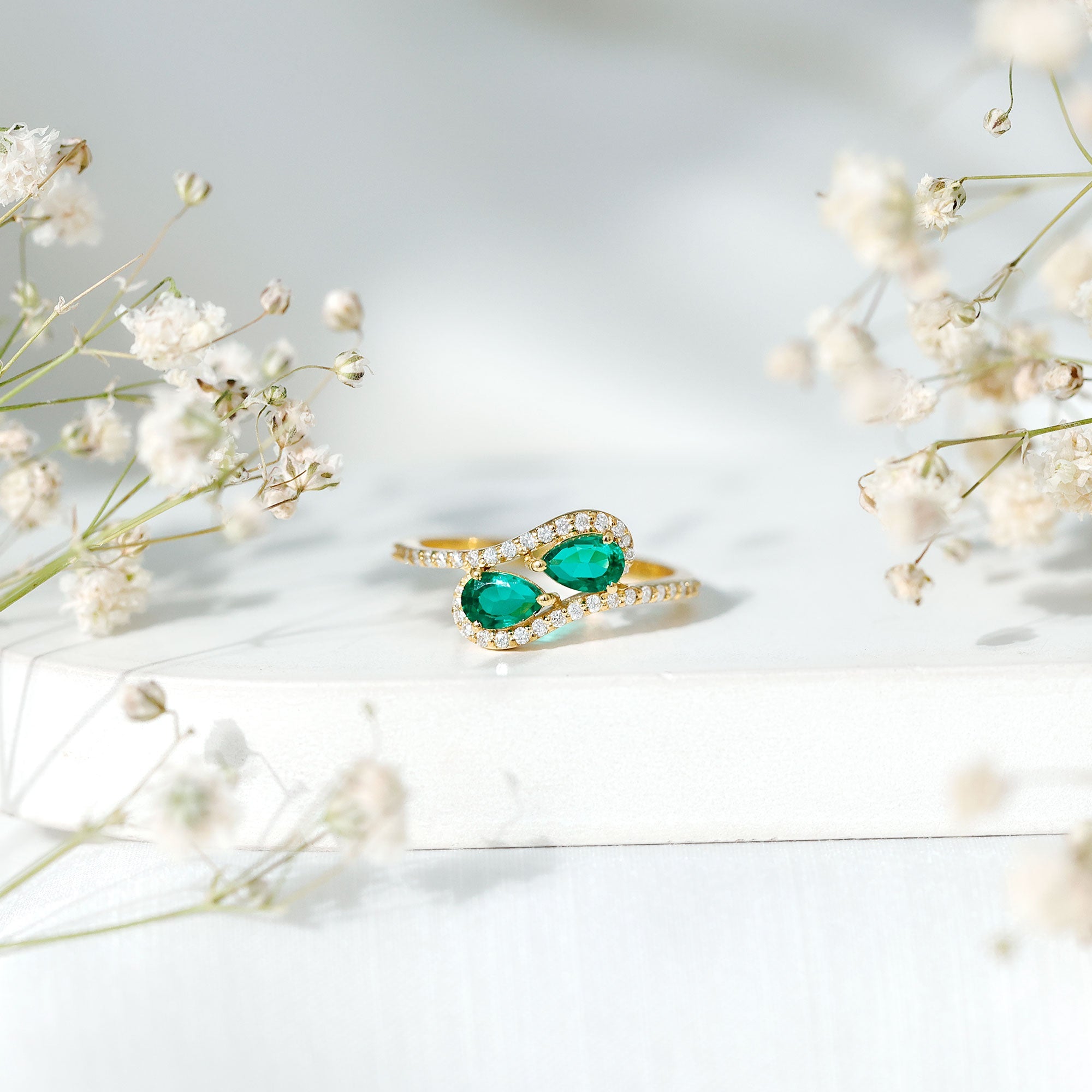 Pear Shape Engagement Ring – Created Emerald Ring with Diamond Bypass Design Band