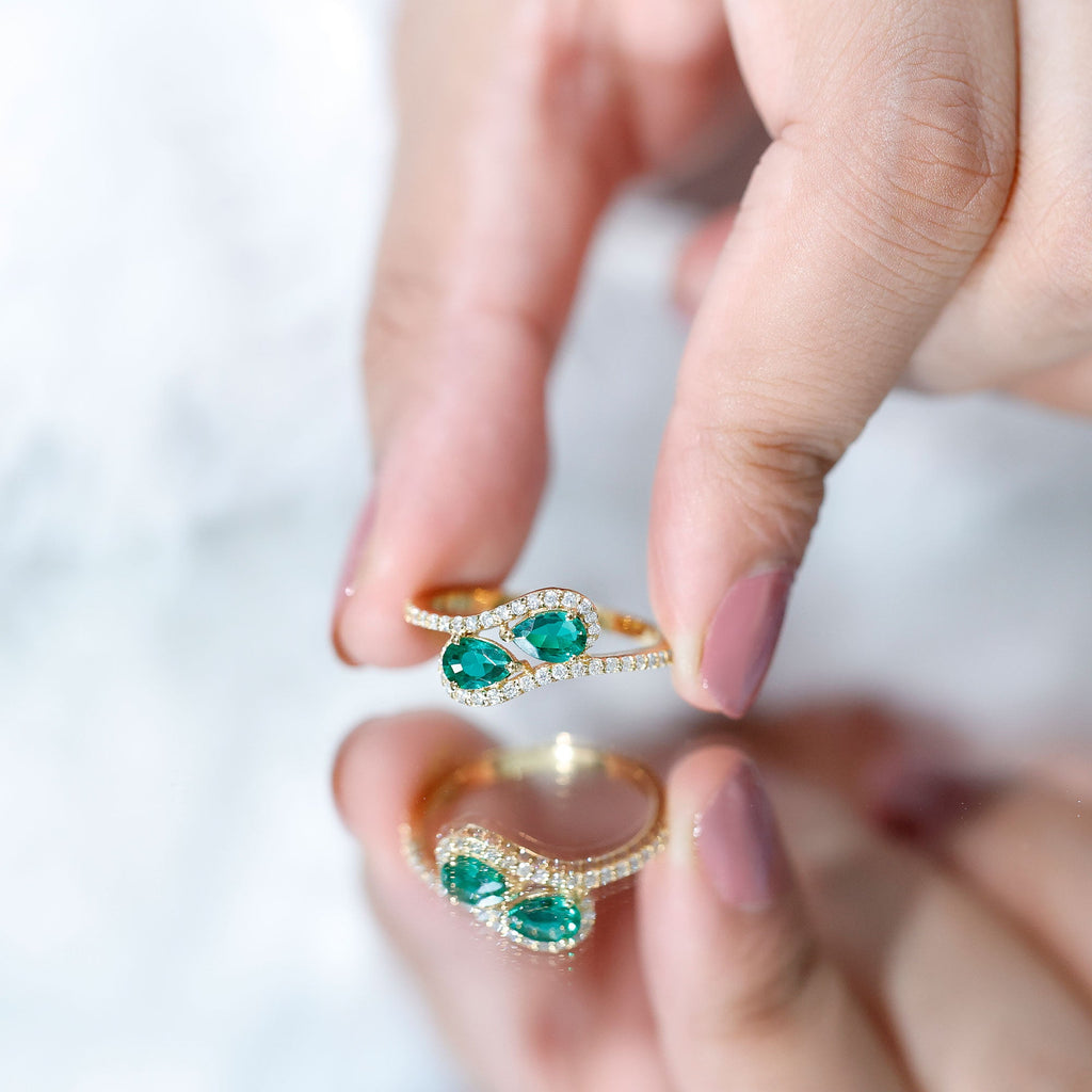 Pear Shape Engagement Ring – Created Emerald Ring with Diamond Bypass Design Band