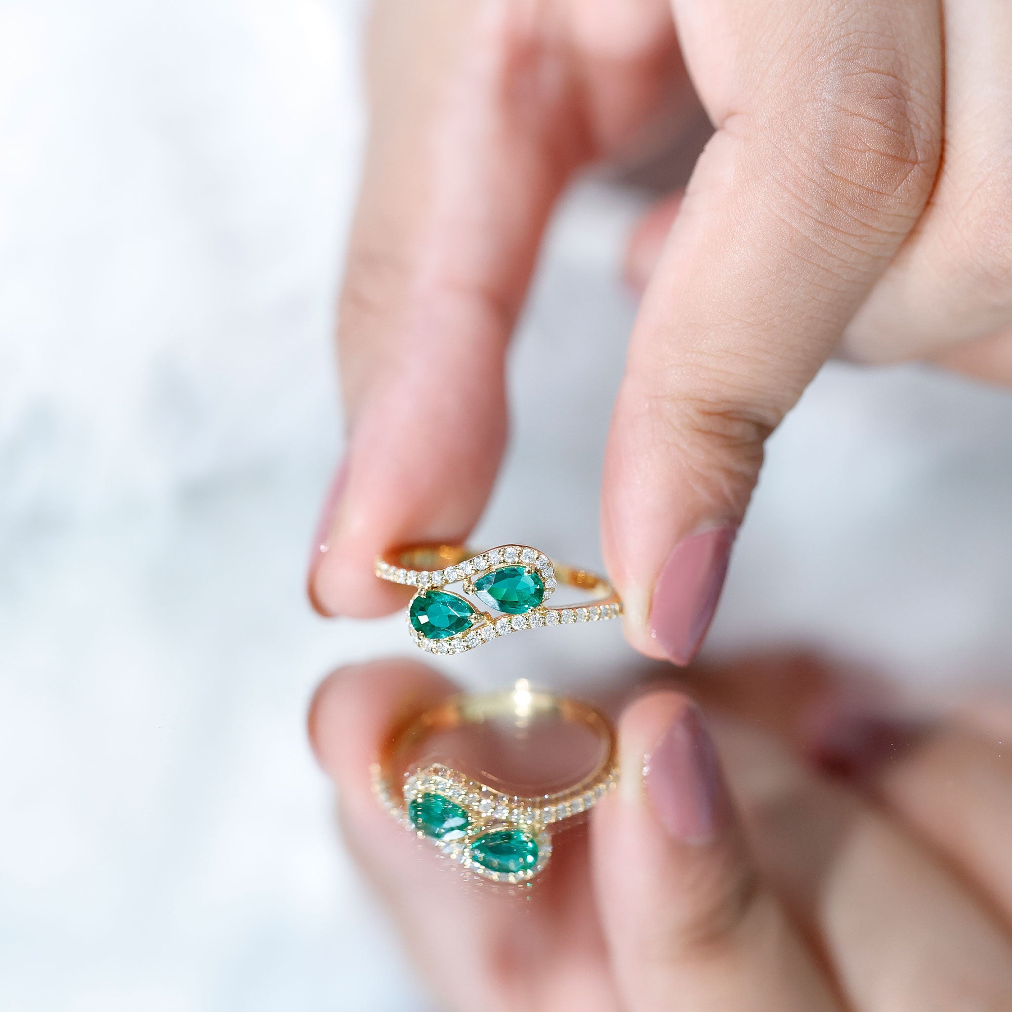 Pear Shape Engagement Ring – Created Emerald Ring with Diamond Bypass Design Band
