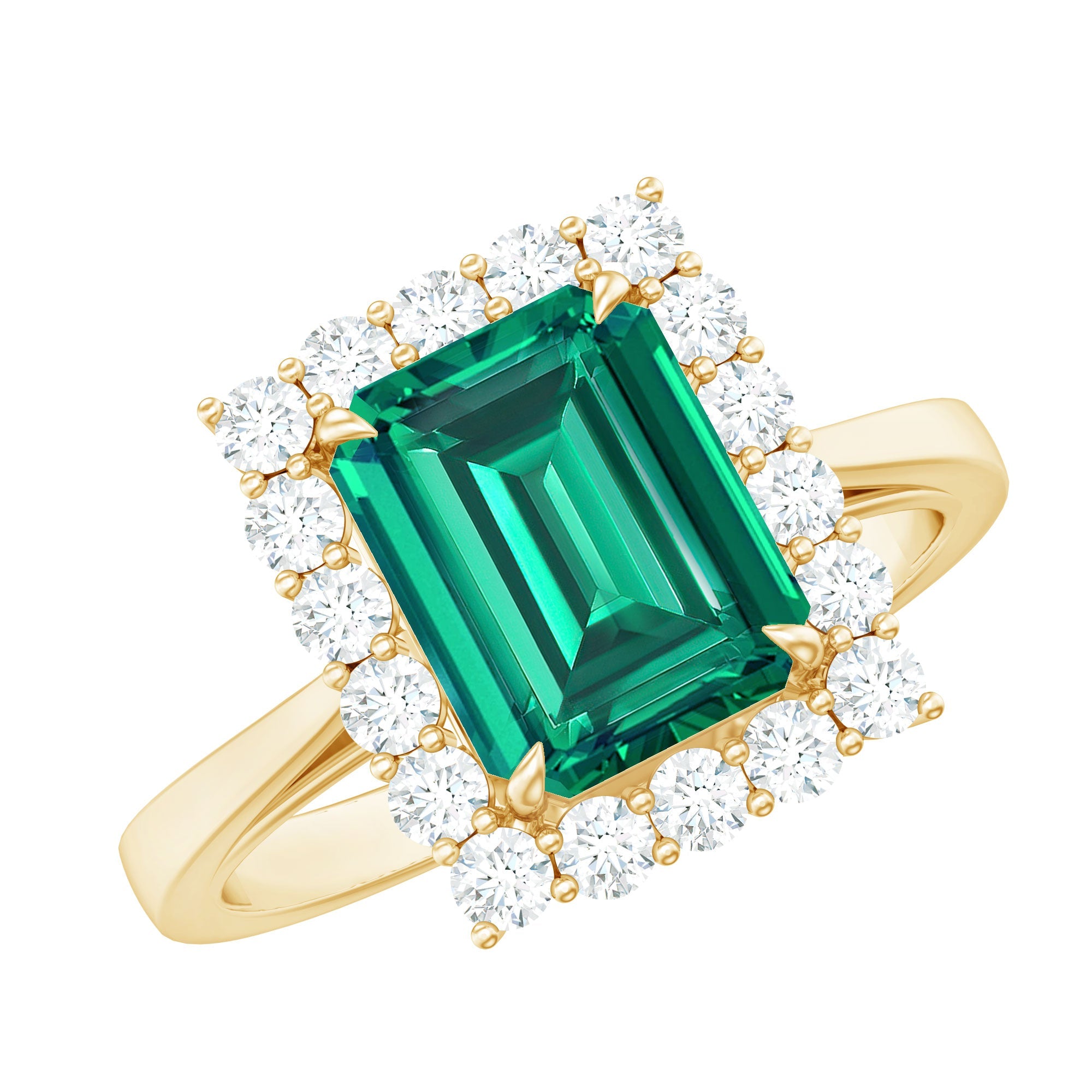 Lab Grown Emerald Ring – 2 Carat Emerald Cut Diamond Halo Vintage Engagement
