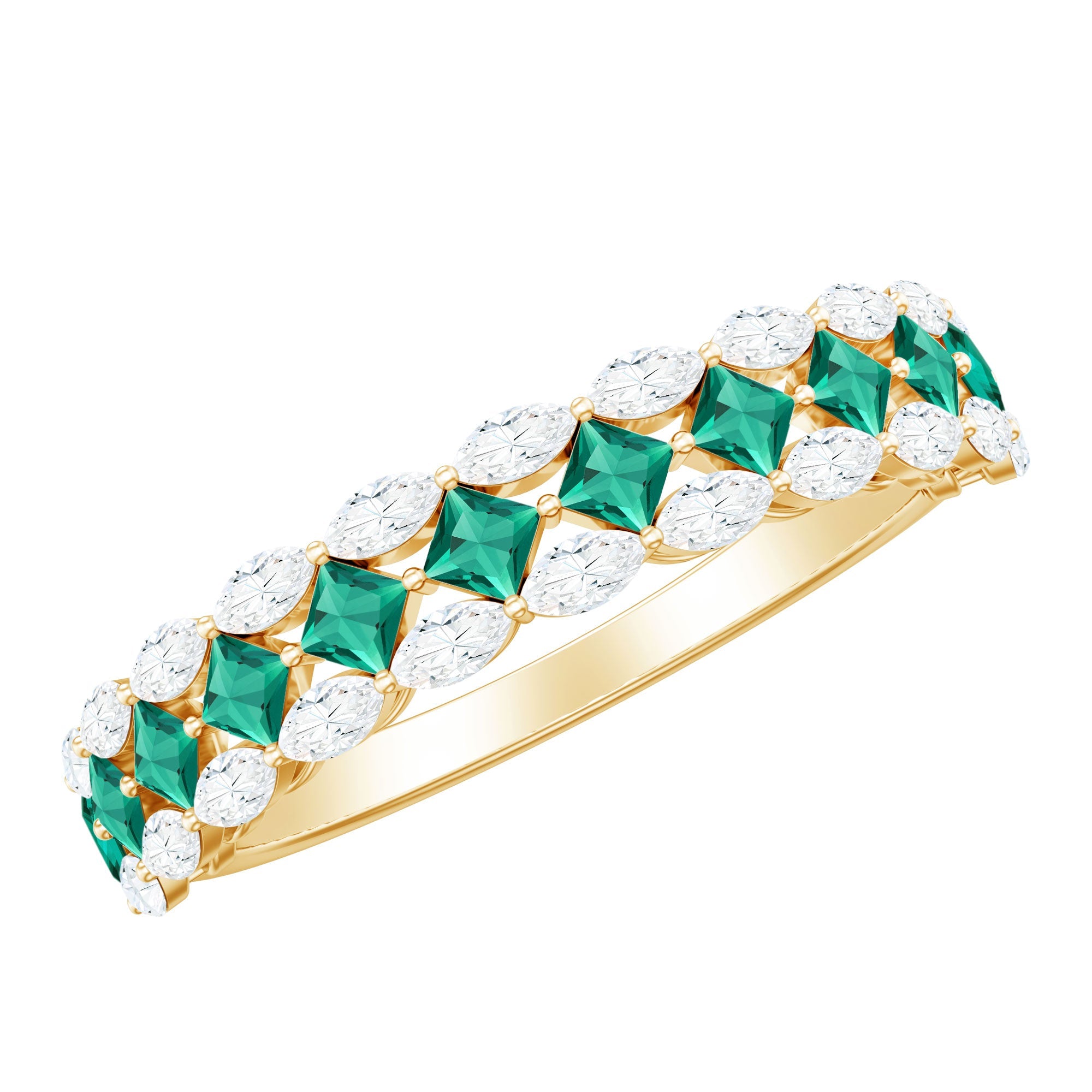 Lab Grown Emerald Ring - Half Eternity Band With Princess Cut & Marquise Moissanite