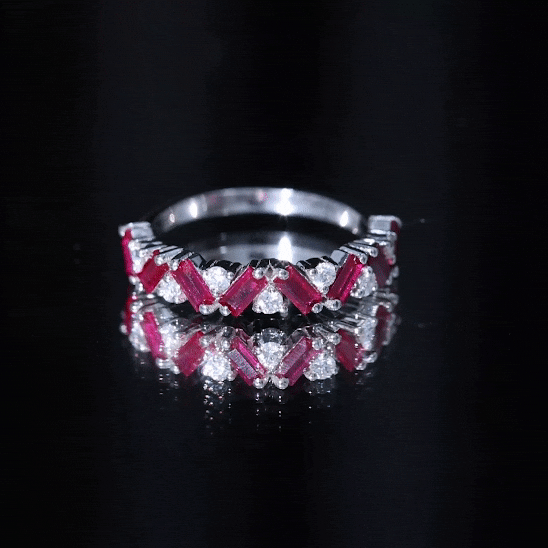 Lab Grown Ruby Ring – Baguette Ruby Eternity Band With Sparkling Diamond Accents