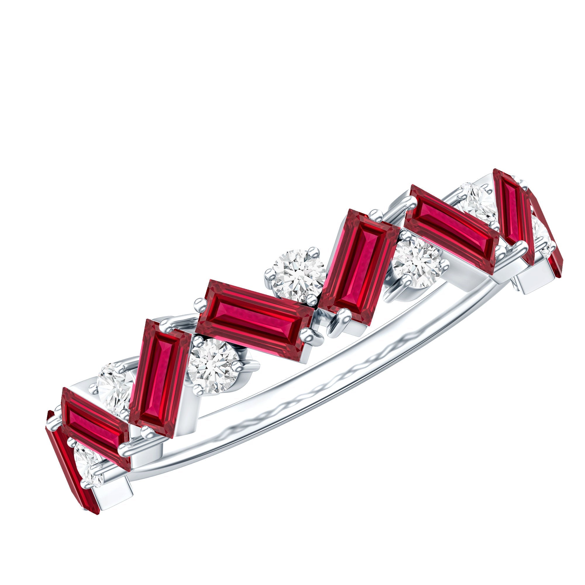 Lab Grown Ruby Ring – Baguette Ruby Eternity Band With Sparkling Diamond Accents