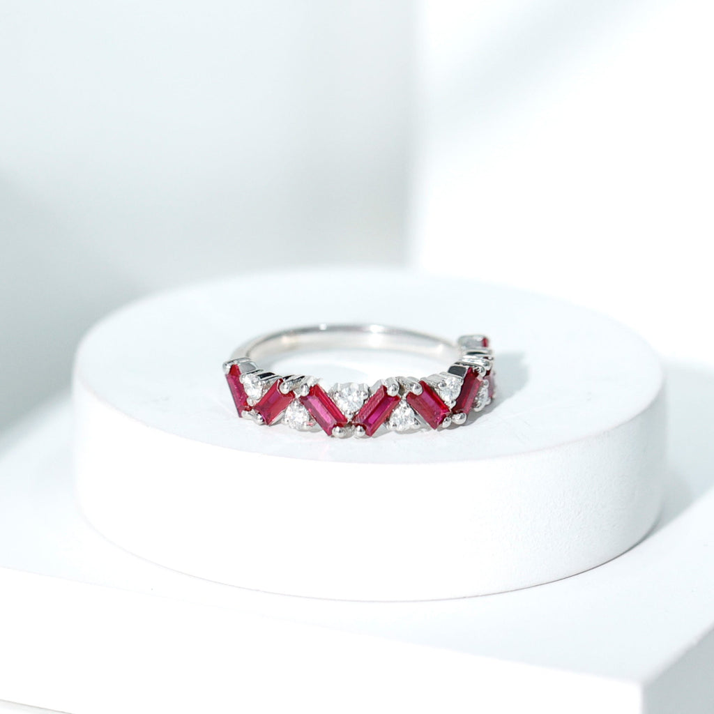 Lab Grown Ruby Ring – Baguette Ruby Eternity Band With Sparkling Diamond Accents