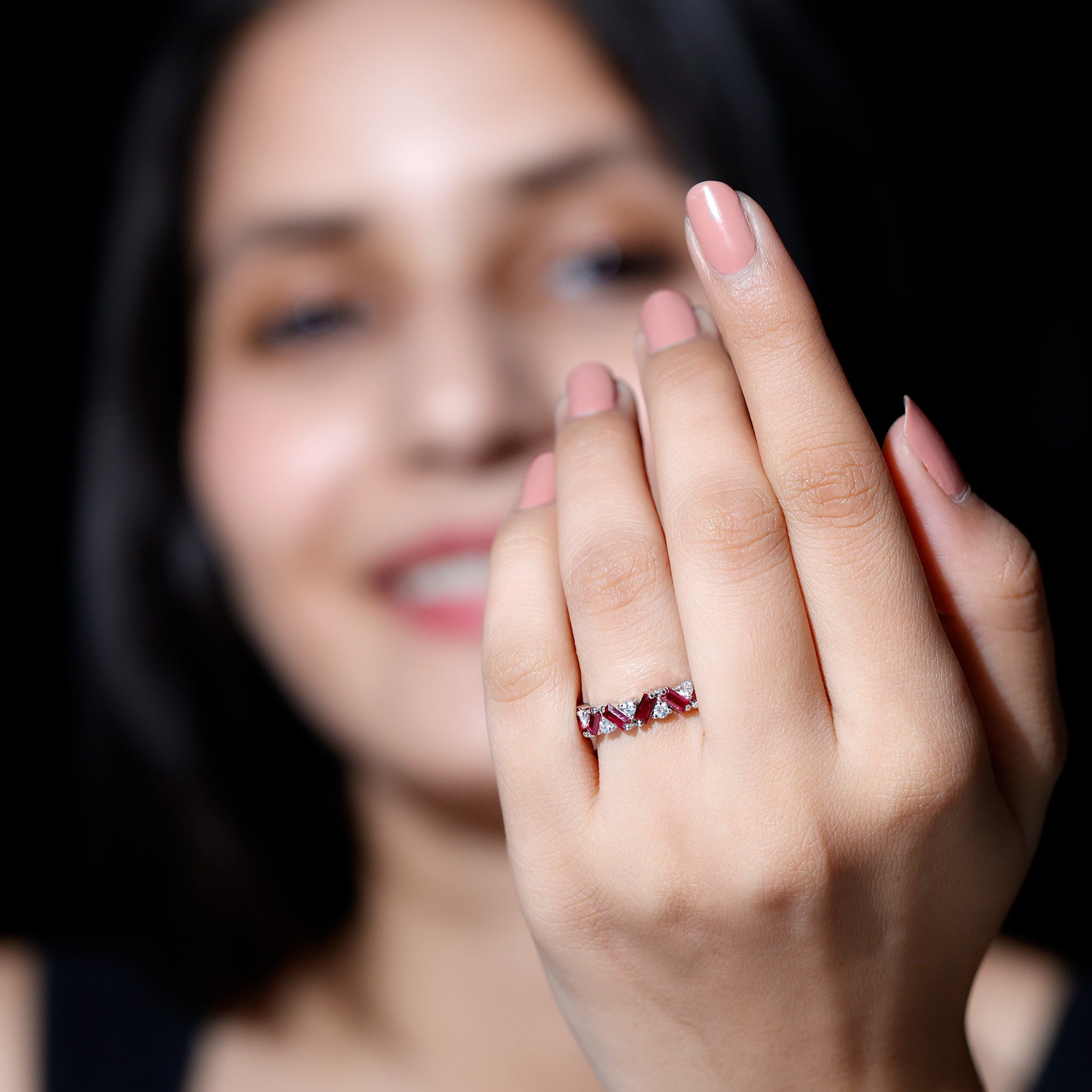 Lab Grown Ruby Ring – Baguette Ruby Eternity Band With Sparkling Diamond Accents