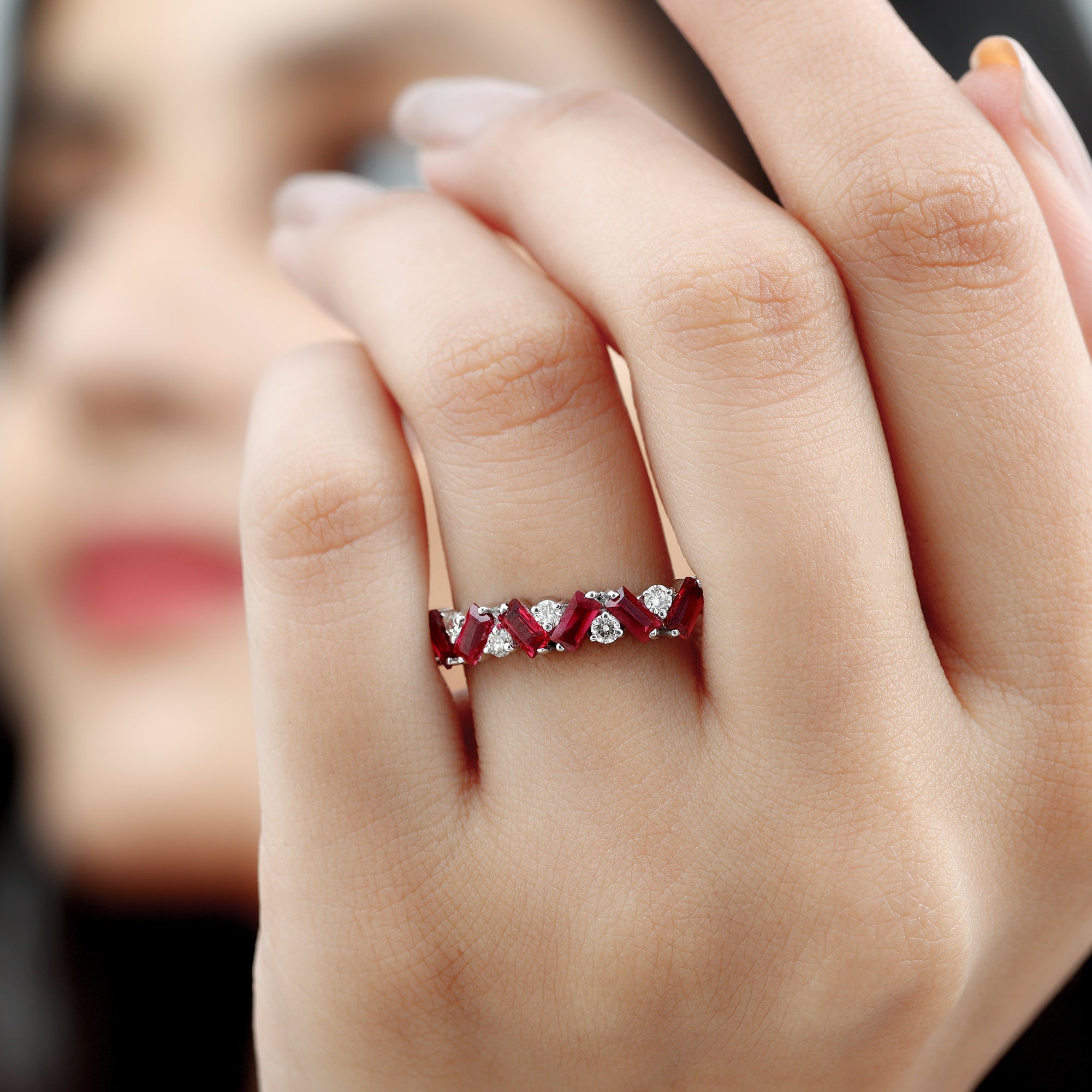 Lab Grown Ruby Ring – Baguette Ruby Eternity Band With Sparkling Diamond Accents