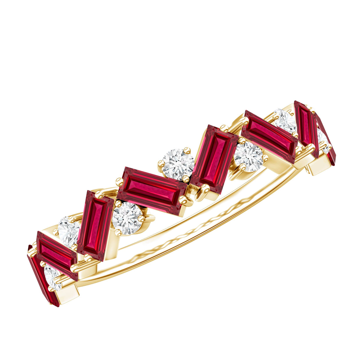 Lab Grown Ruby Ring – Baguette Ruby Eternity Band With Sparkling Diamond Accents