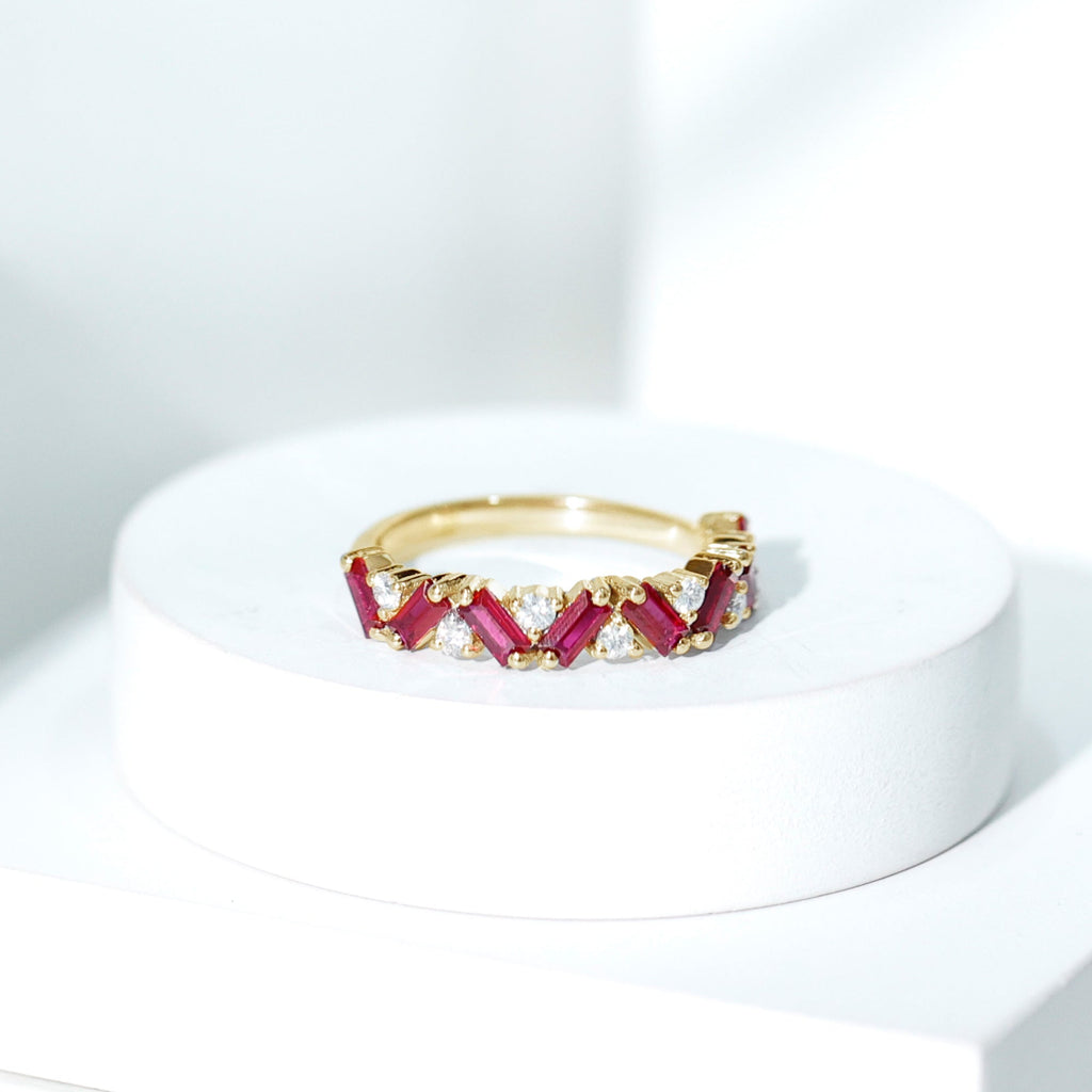 Lab Grown Ruby Ring – Baguette Ruby Eternity Band With Sparkling Diamond Accents