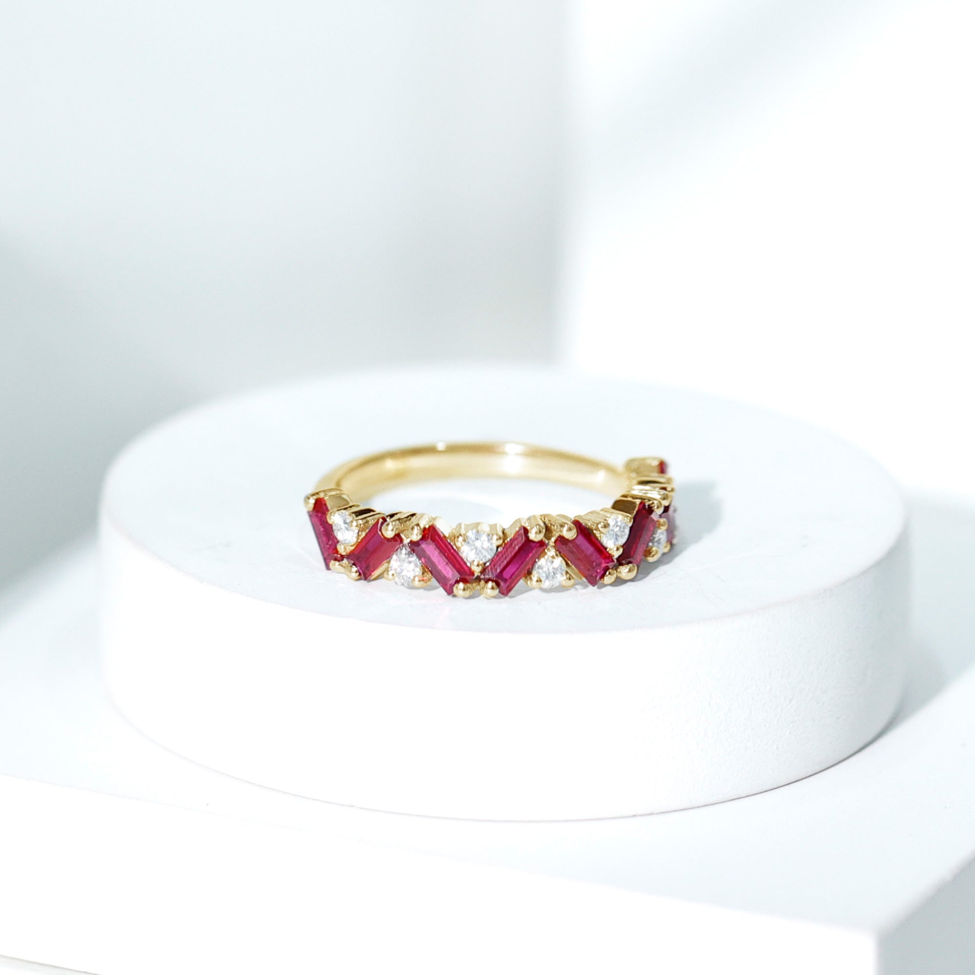 Lab Grown Ruby Ring – Baguette Ruby Eternity Band With Sparkling Diamond Accents