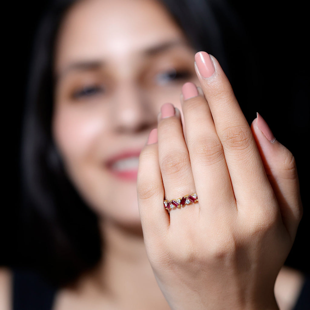 Lab Grown Ruby Ring – Baguette Ruby Eternity Band With Sparkling Diamond Accents