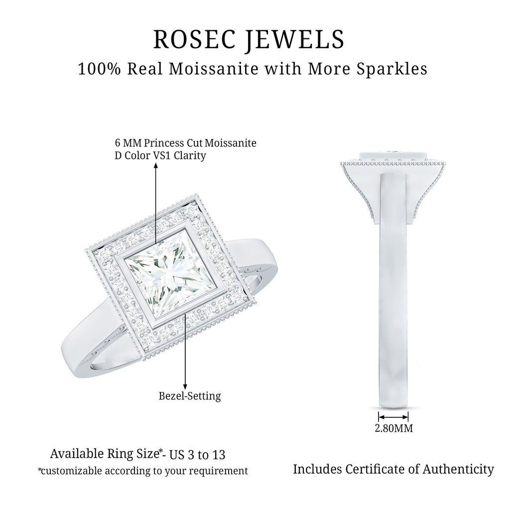 Princess Cut Moissanite Halo Engagement Ring with Milgrain Detail