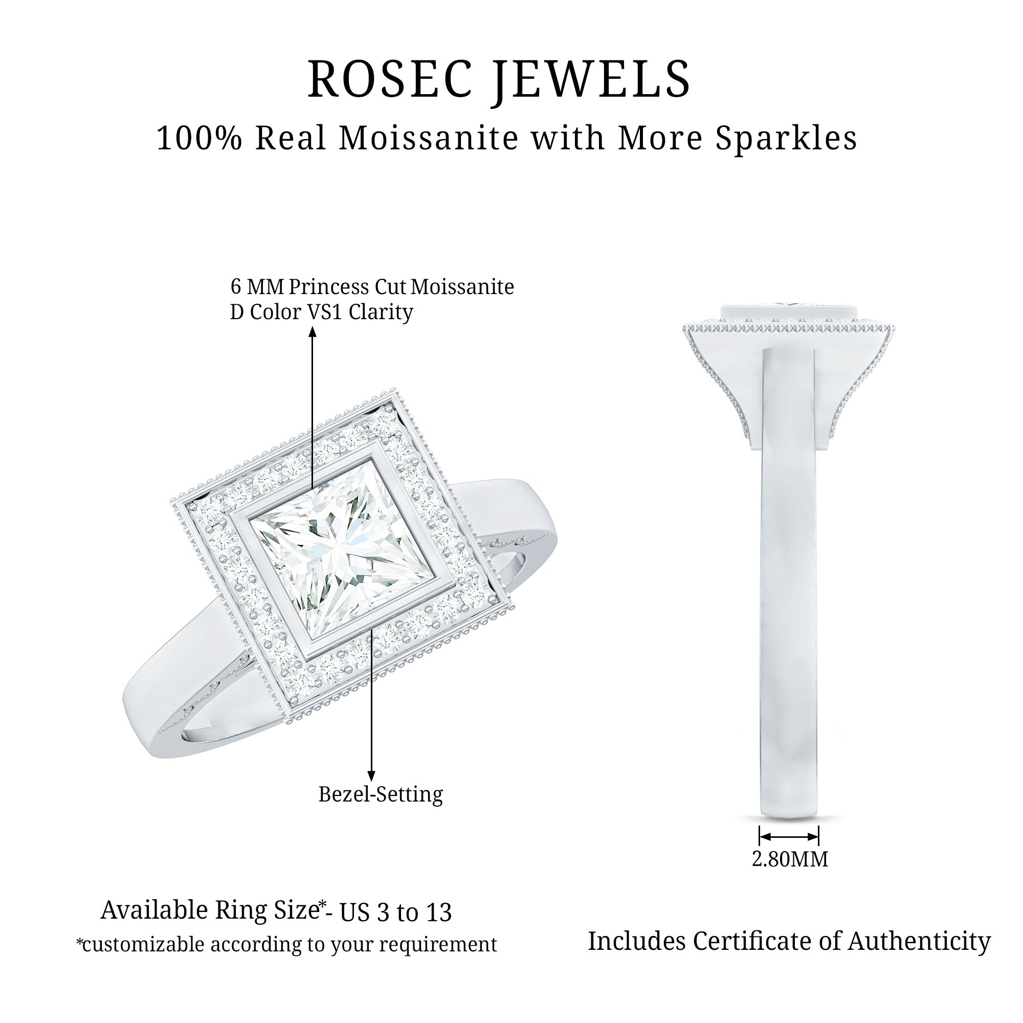 Princess Cut Moissanite Halo Engagement Ring with Milgrain Detail