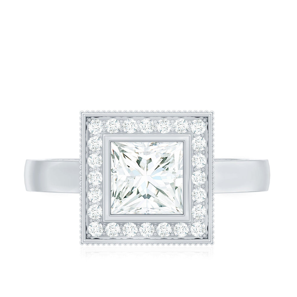 Princess Cut Moissanite Halo Engagement Ring with Milgrain Detail