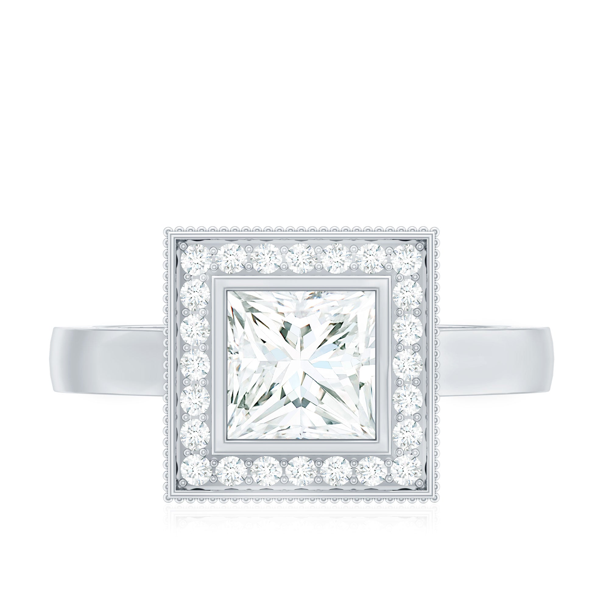 Princess Cut Moissanite Halo Engagement Ring with Milgrain Detail