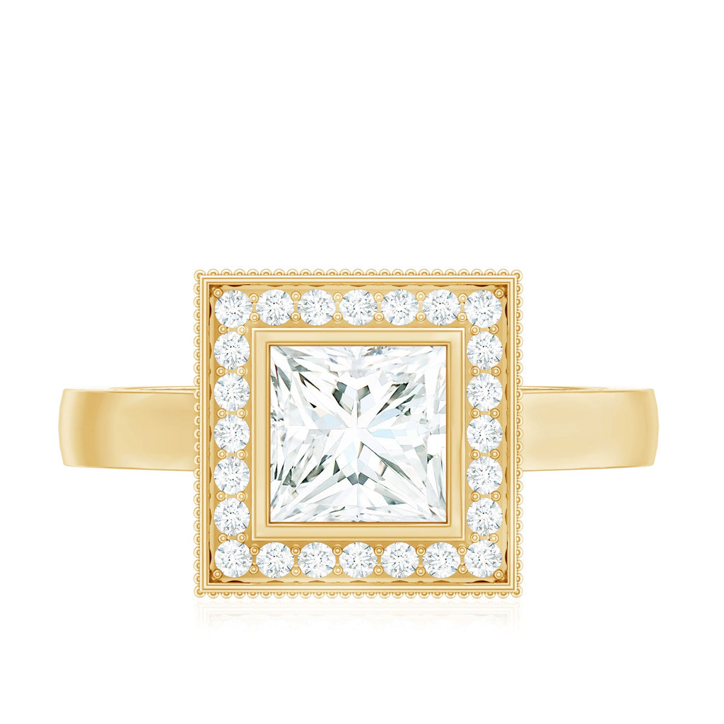Princess Cut Moissanite Halo Engagement Ring with Milgrain Detail