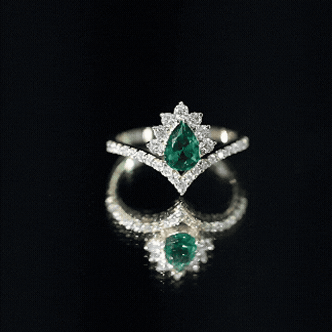 Lab Grown Emerald Ring - Designer Engagement Ring with Diamond Halo & Chevron Shank