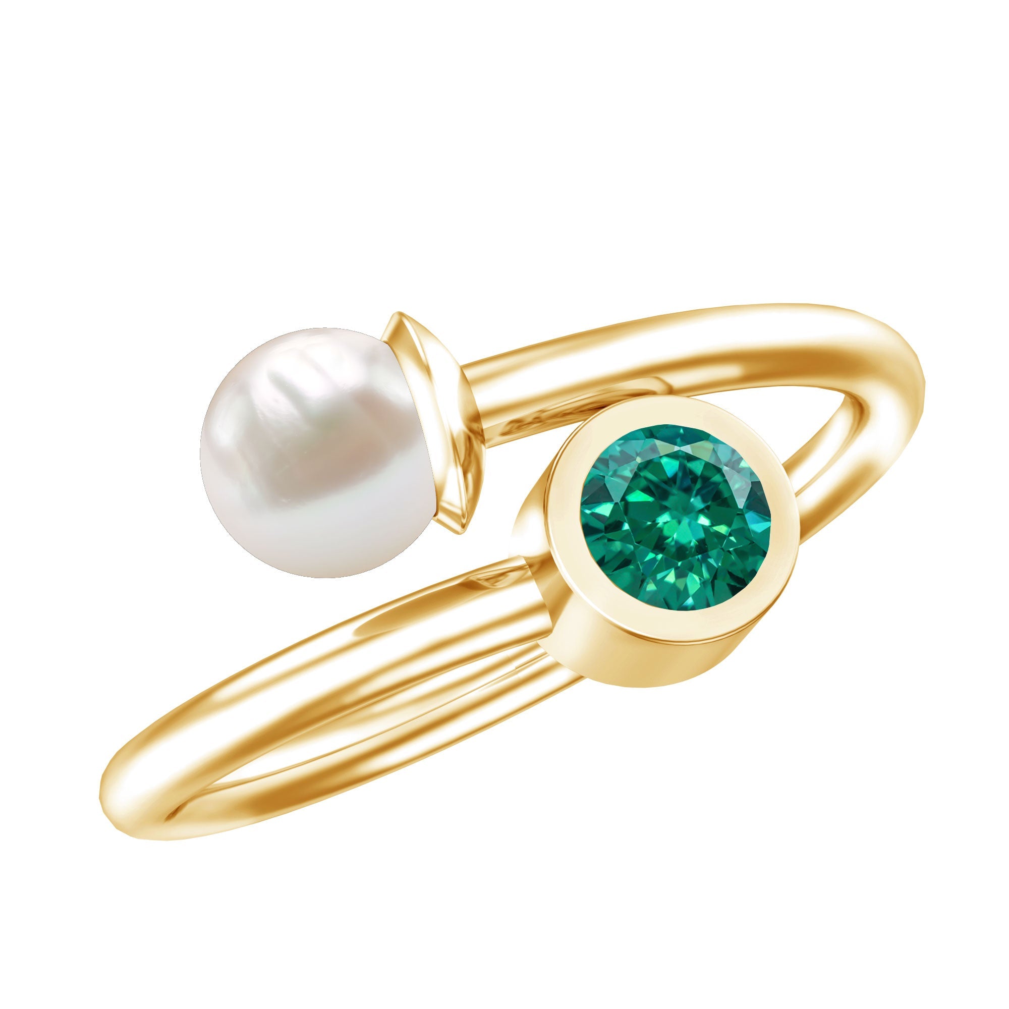 Toi Et Moi Promise Ring – Freshwater Pearl & Lab Created Emerald Wrap Style Design