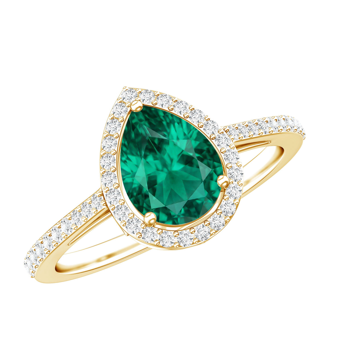 Lab Grown Emerald Ring – Pear Shape Engagement Ring with Diamond Halo & Slim Band