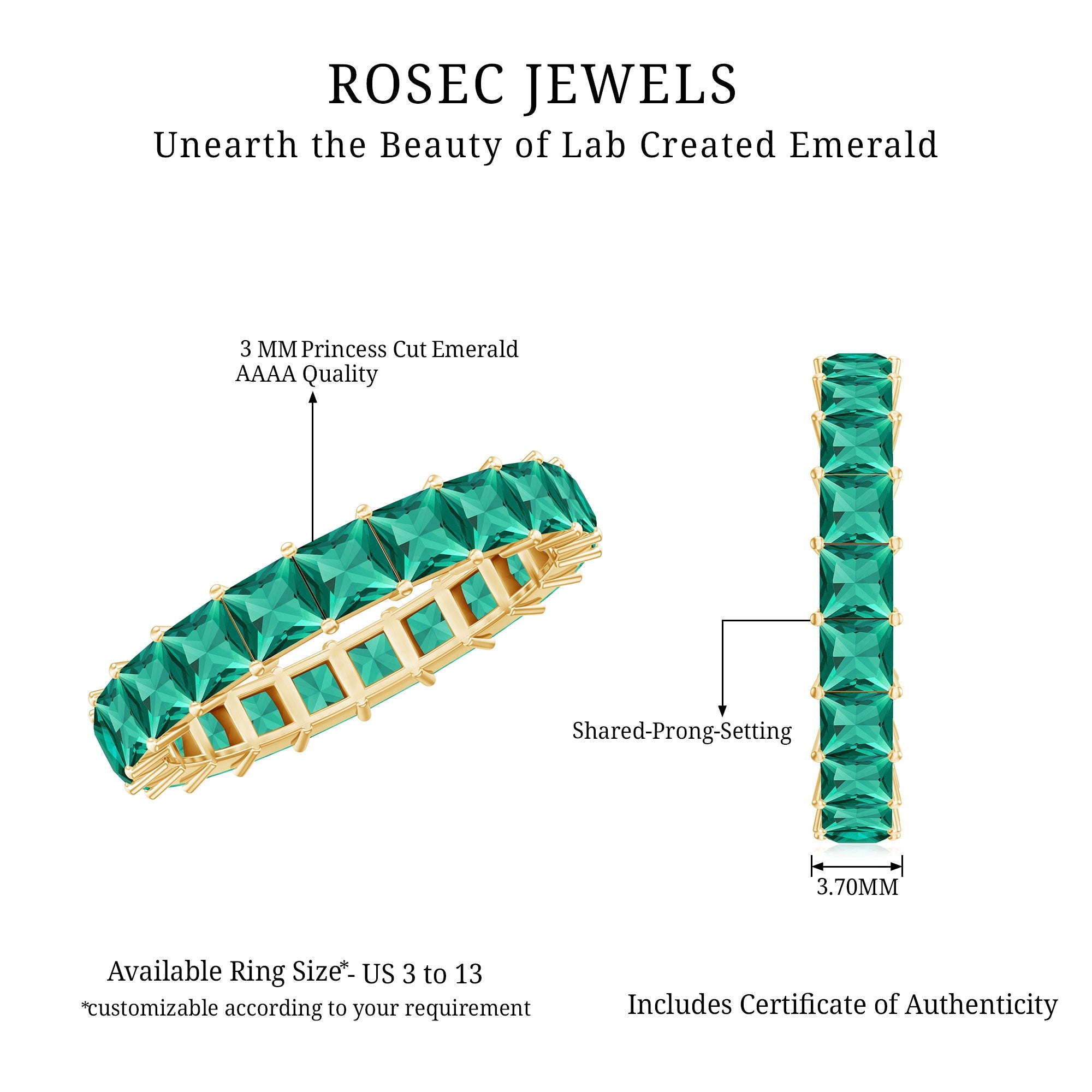 Lab Grown Emerald Ring | Ethical Emerald Jewelry – Princess Cut Rose Gold Wedding Band