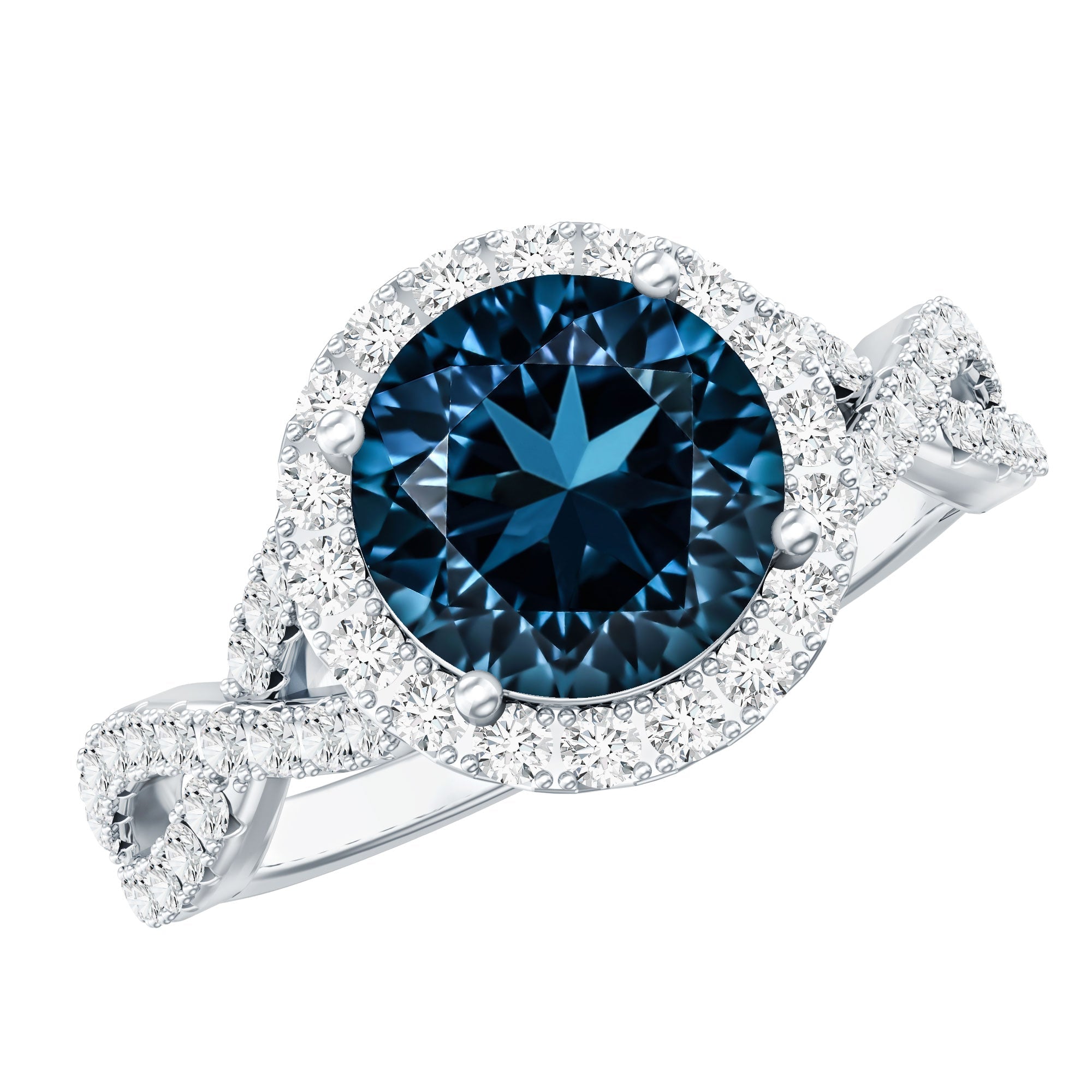 2 Carat Round London Blue Topaz Crossover Engagement Ring with Diamond Halo