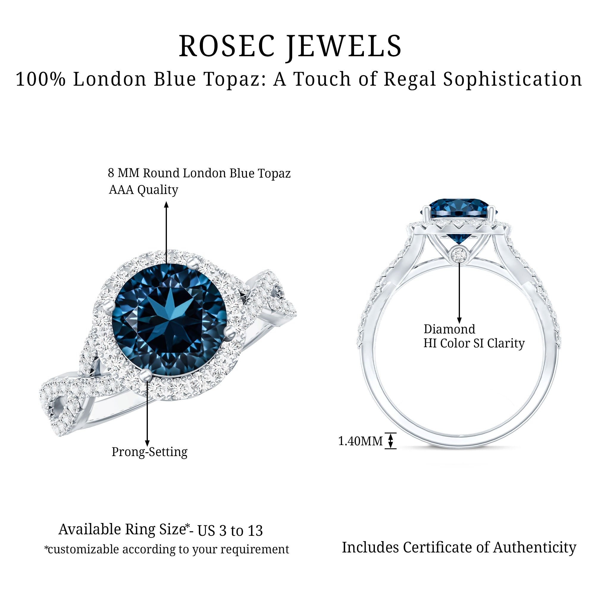2 Carat Round London Blue Topaz Crossover Engagement Ring with Diamond Halo